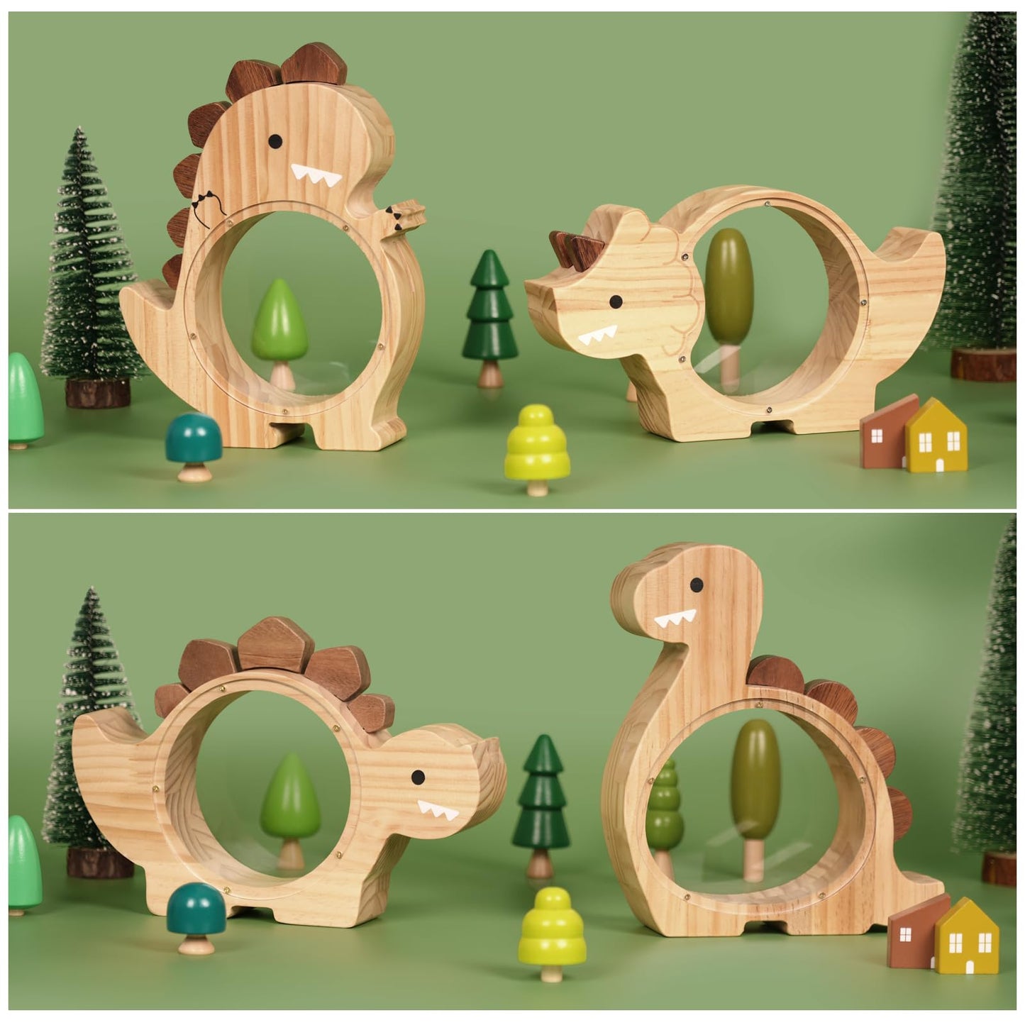 Summidate Wooden Dinosaur Piggy Bank for Kids – Personalized Dino Money Jar (Brachiosaurus)
