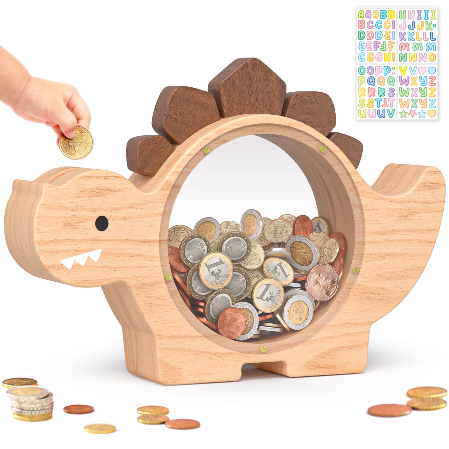 Summidate Wooden Dinosaur Piggy Bank – Personalized Dino Money Jar for Kids