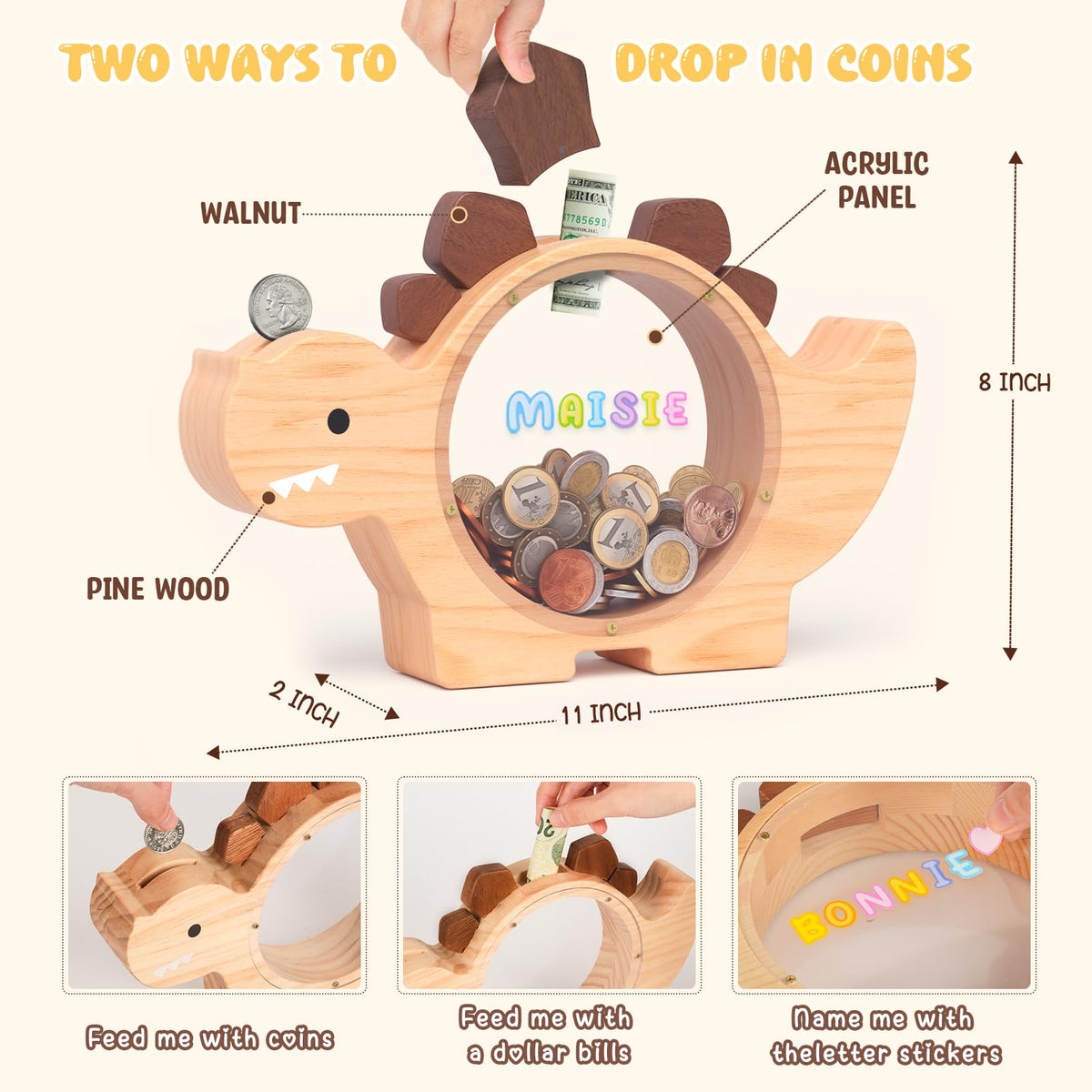 Summidate Wooden Dinosaur Piggy Bank – Personalized Dino Money Jar for Kids