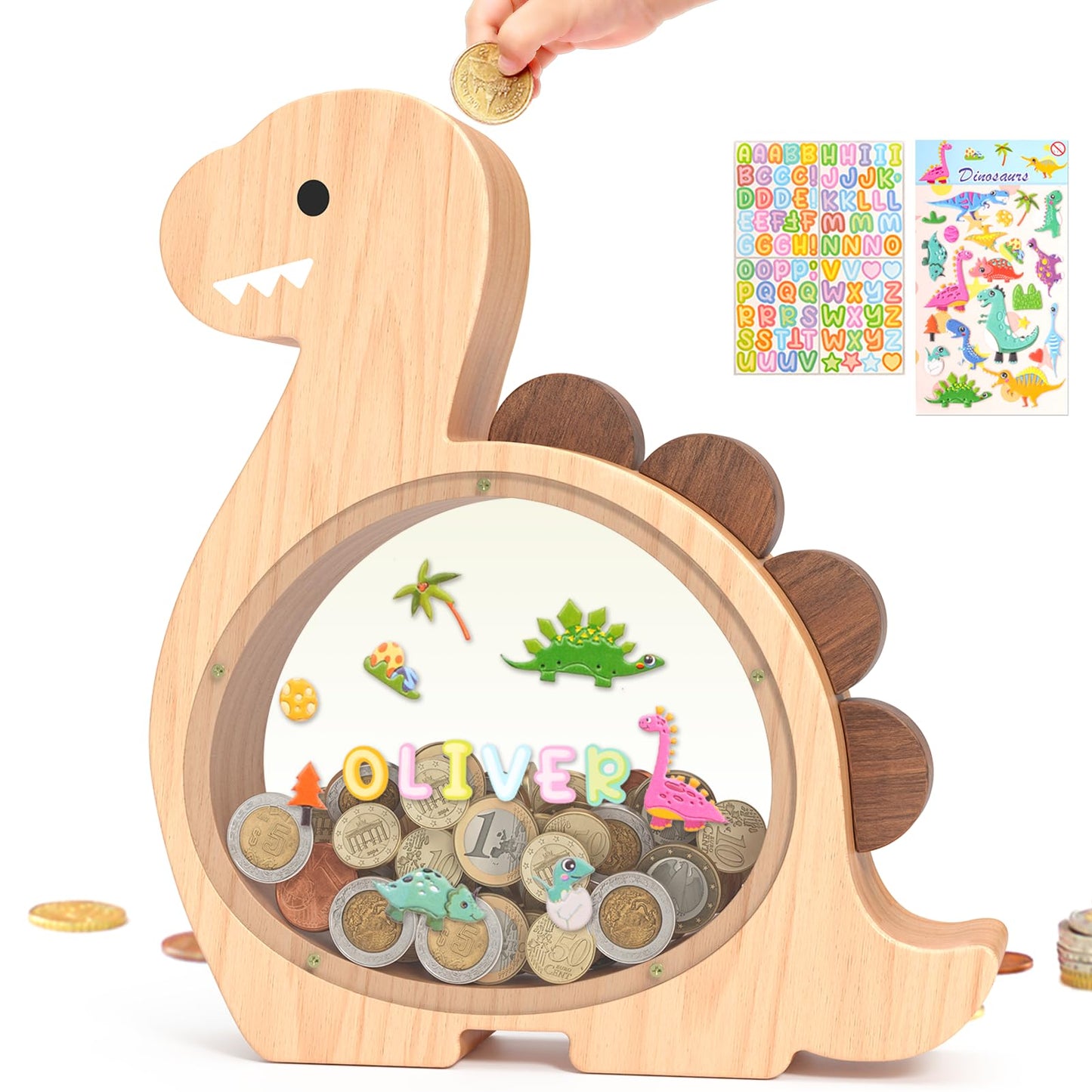 Summidate Wooden Dinosaur Piggy Bank for Kids – Personalized Dino Money Jar (Brachiosaurus)
