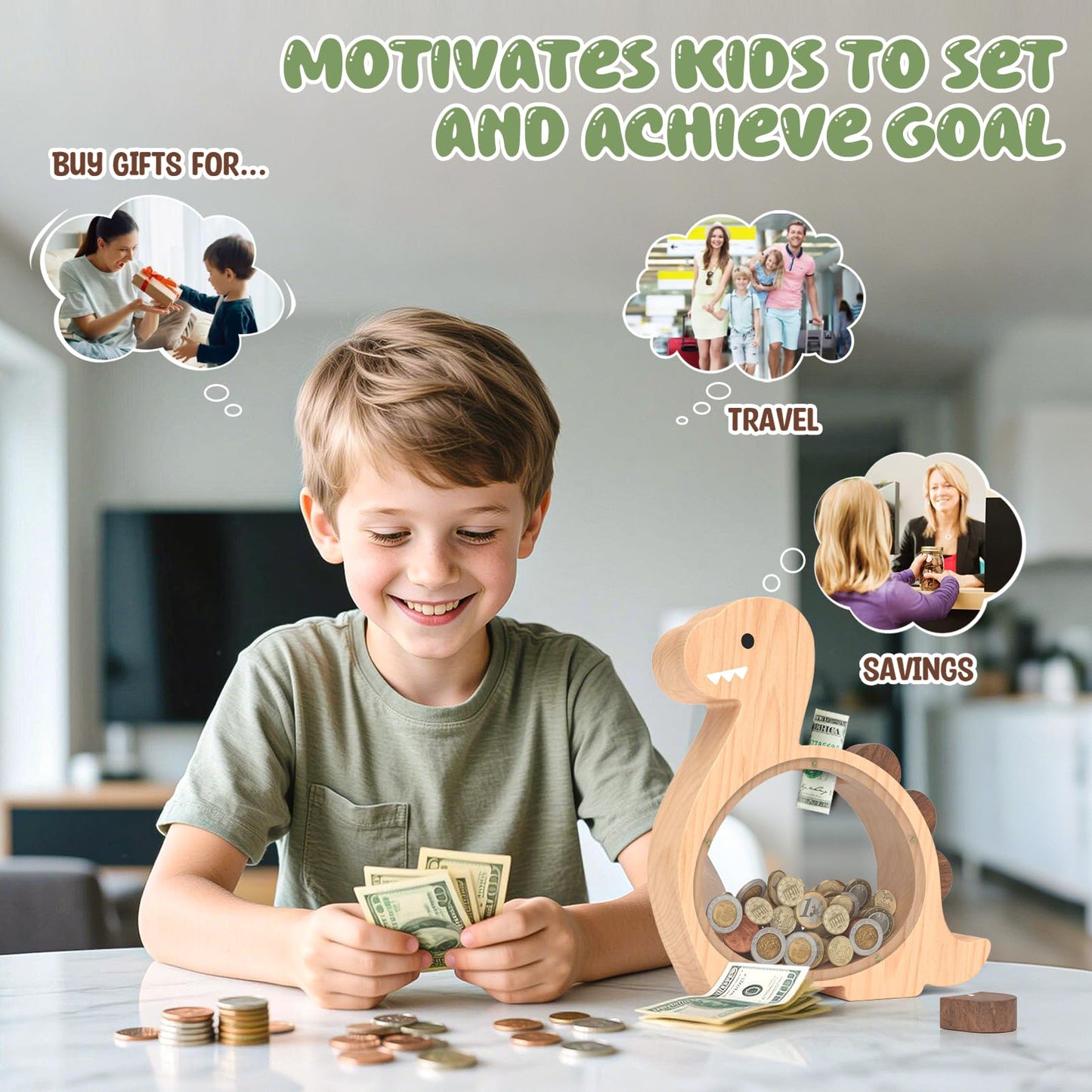 Summidate Wooden Dinosaur Piggy Bank for Kids – Personalized Dino Money Jar (Brachiosaurus)