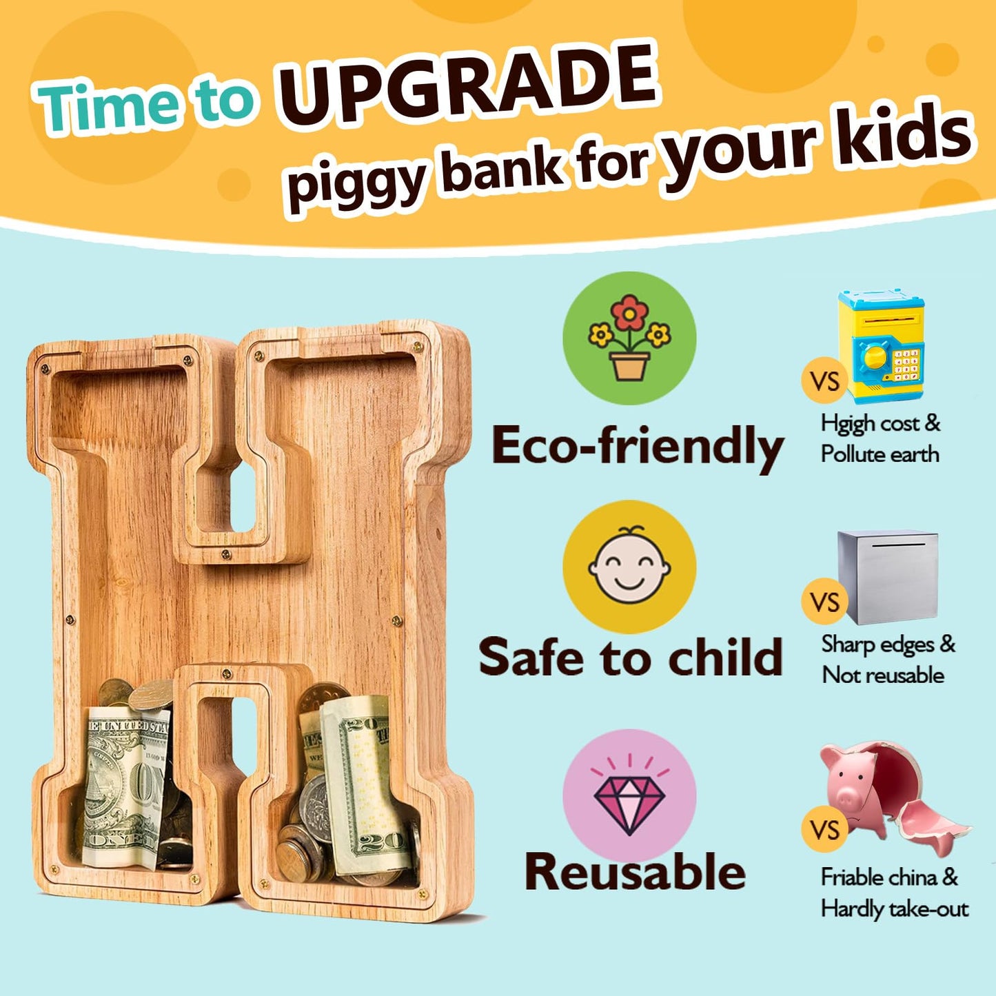 SummiDate Wooden Letter Piggy Bank for Kids — Personalized Initial Money Box
