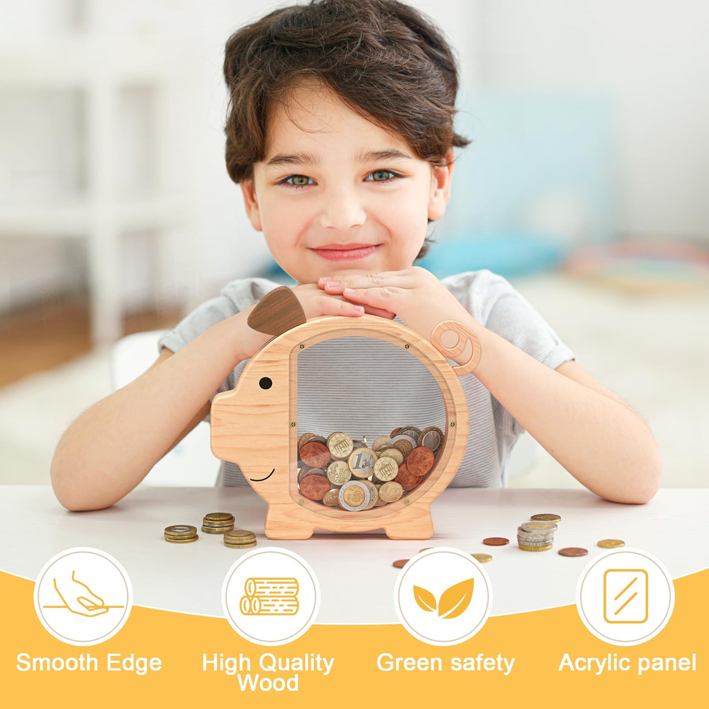 Summidate Wooden Piggy Bank for Kids – Large Durable Money Box