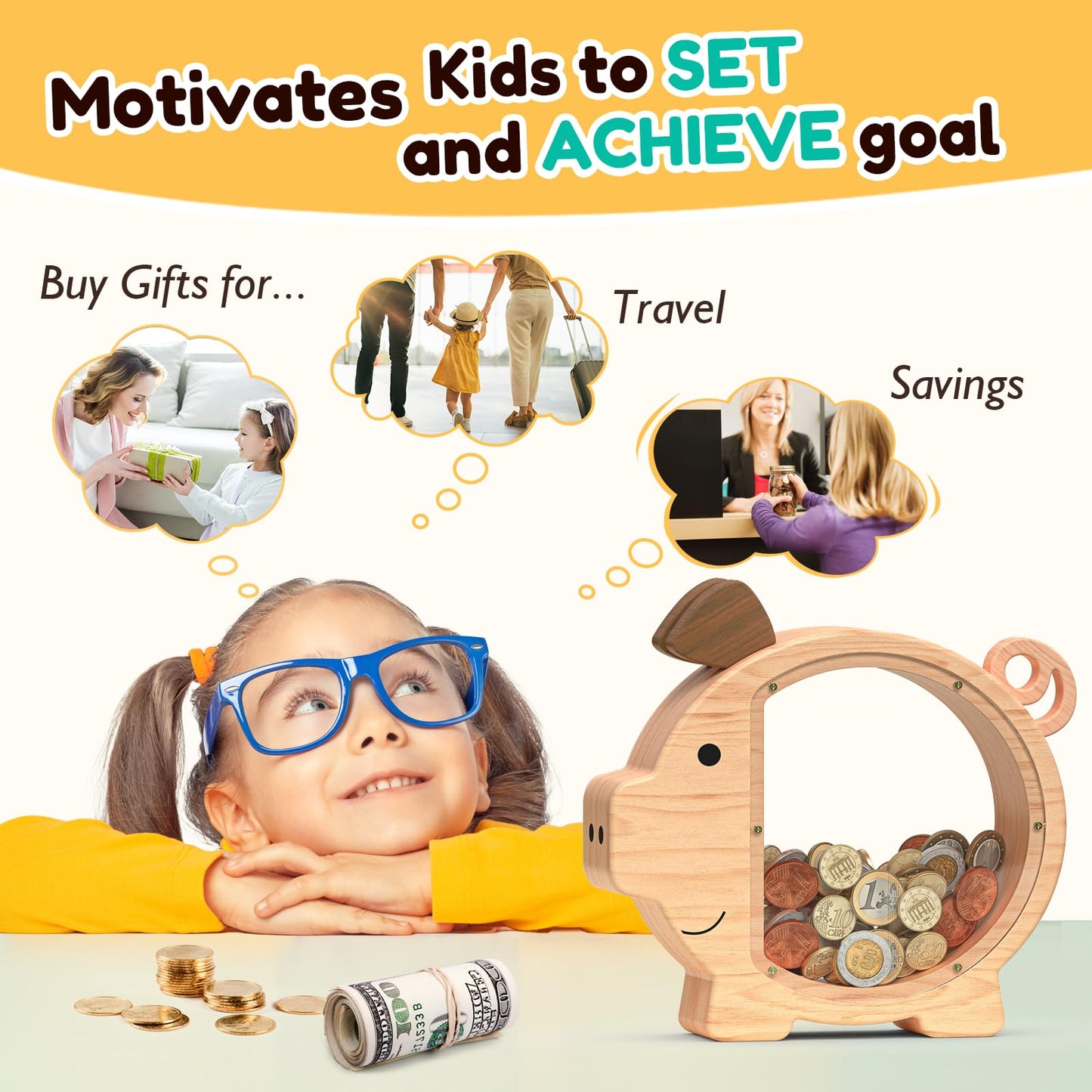 Summidate Wooden Piggy Bank for Kids – Large Durable Money Box