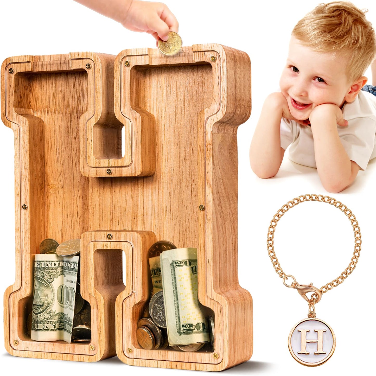 SummiDate Wooden Letter Piggy Bank for Kids — Personalized Initial Money Box