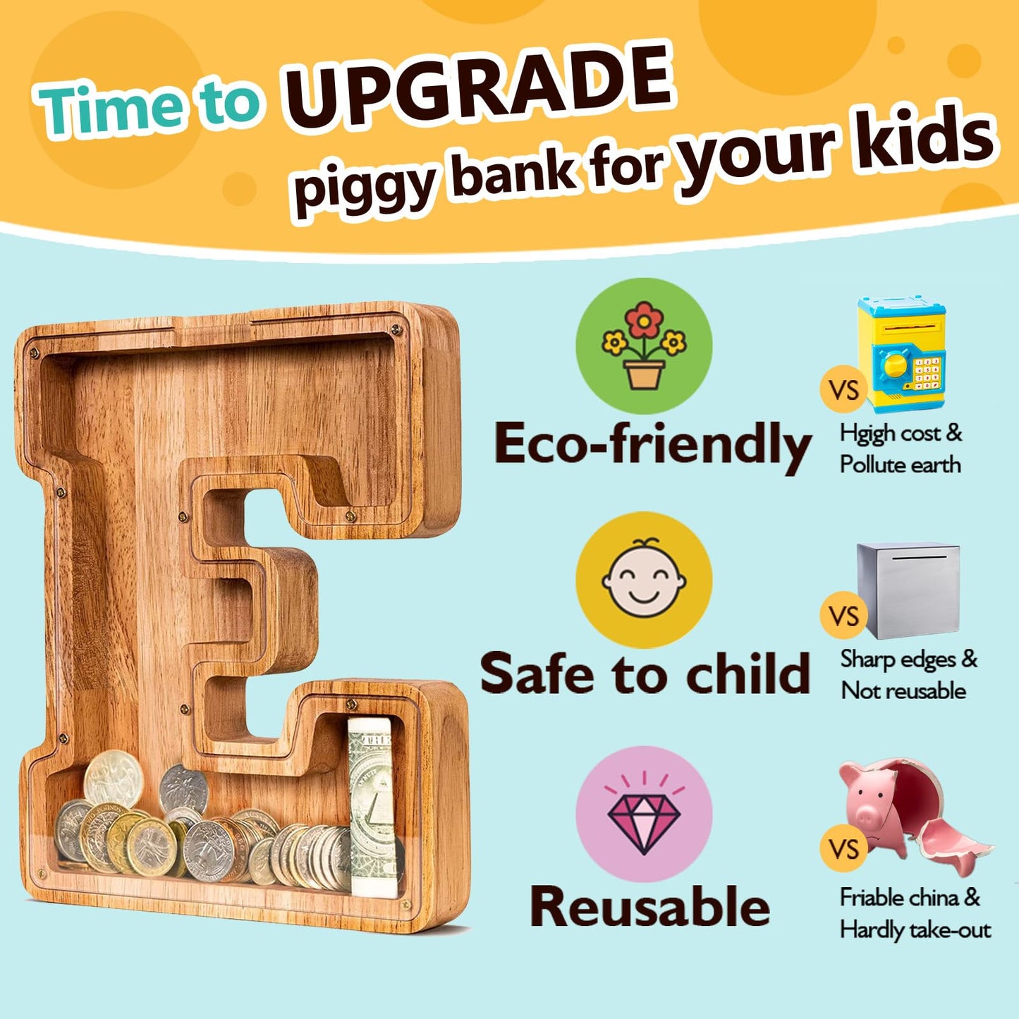 SummiDate Wooden Letter Piggy Bank for Kids – Personalized Alphabet Savings Box