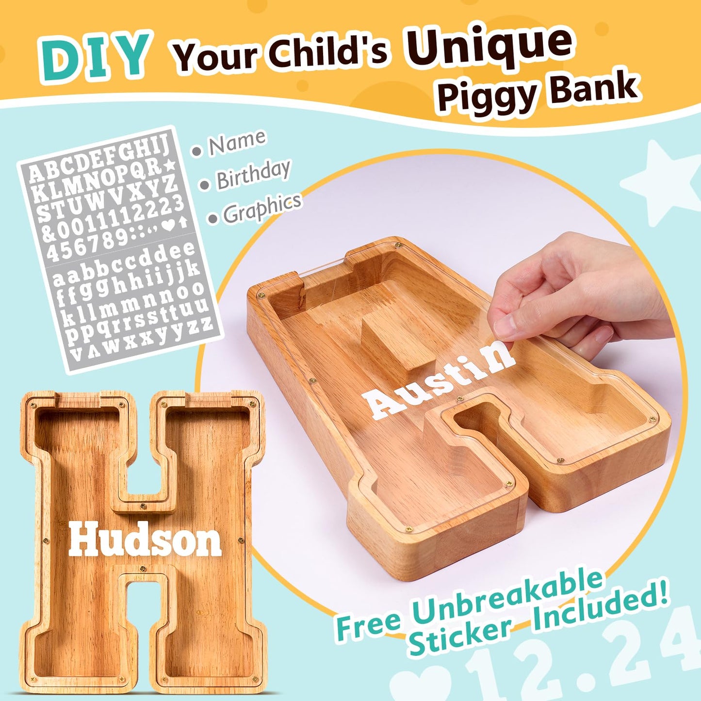 SummiDate Wooden Letter Piggy Bank for Kids — Personalized Initial Money Box