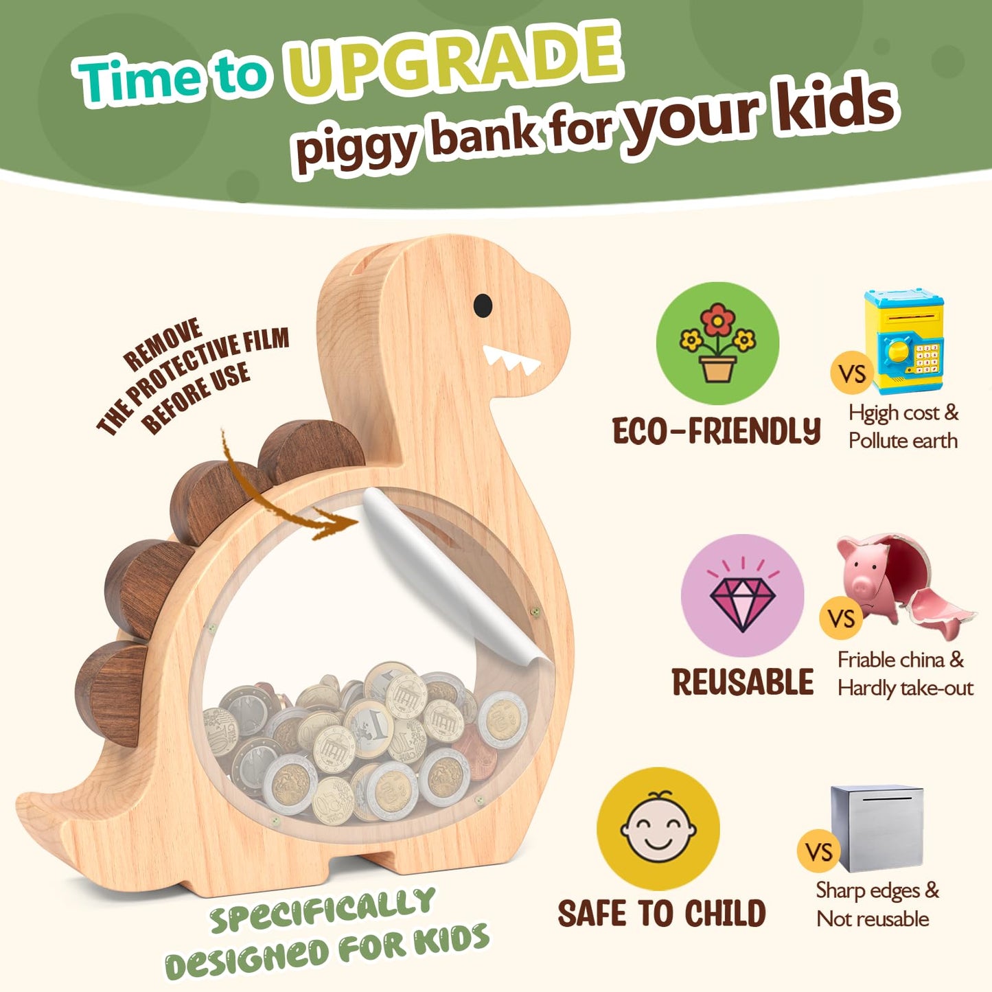 Summidate Wooden Dinosaur Piggy Bank for Kids – Personalized Dino Money Jar (Brachiosaurus)