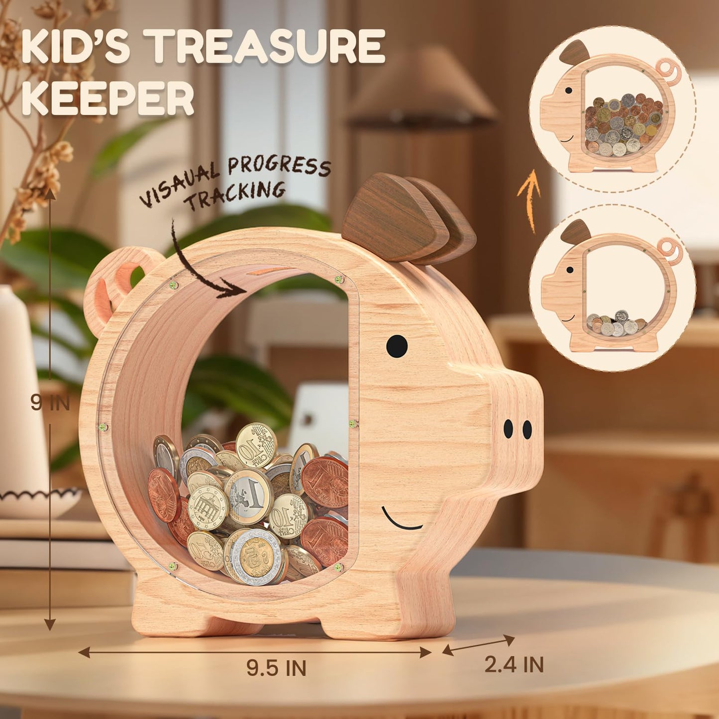 Summidate Wooden Piggy Bank for Kids – Large Durable Money Box