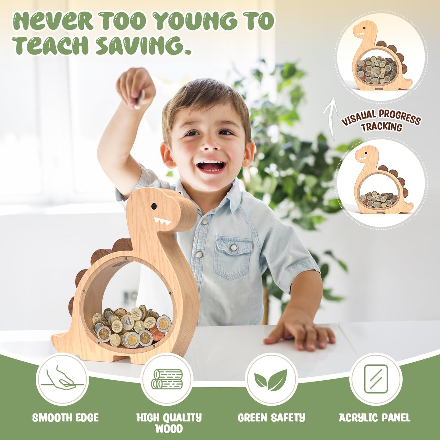 Summidate Wooden Dinosaur Piggy Bank for Kids – Personalized Dino Money Jar (Brachiosaurus)