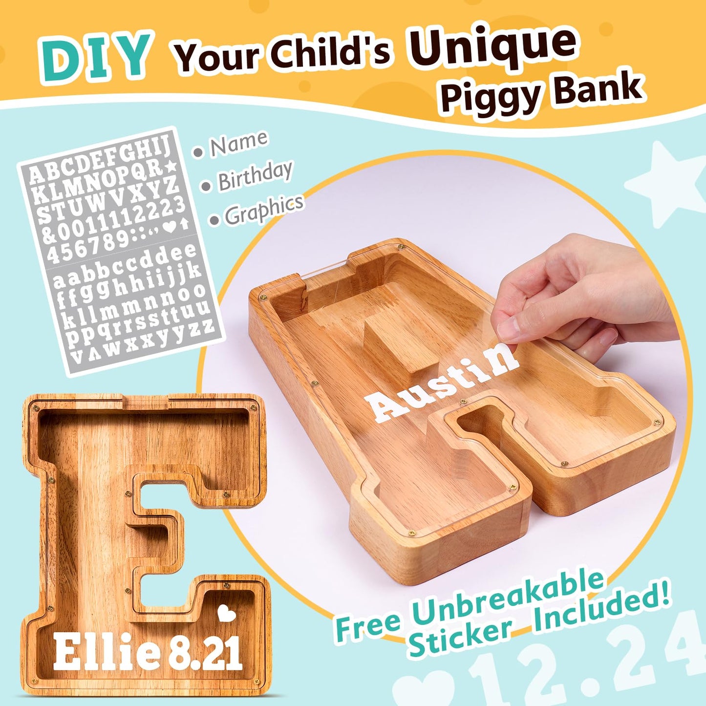 SummiDate Wooden Letter Piggy Bank for Kids – Personalized Alphabet Savings Box