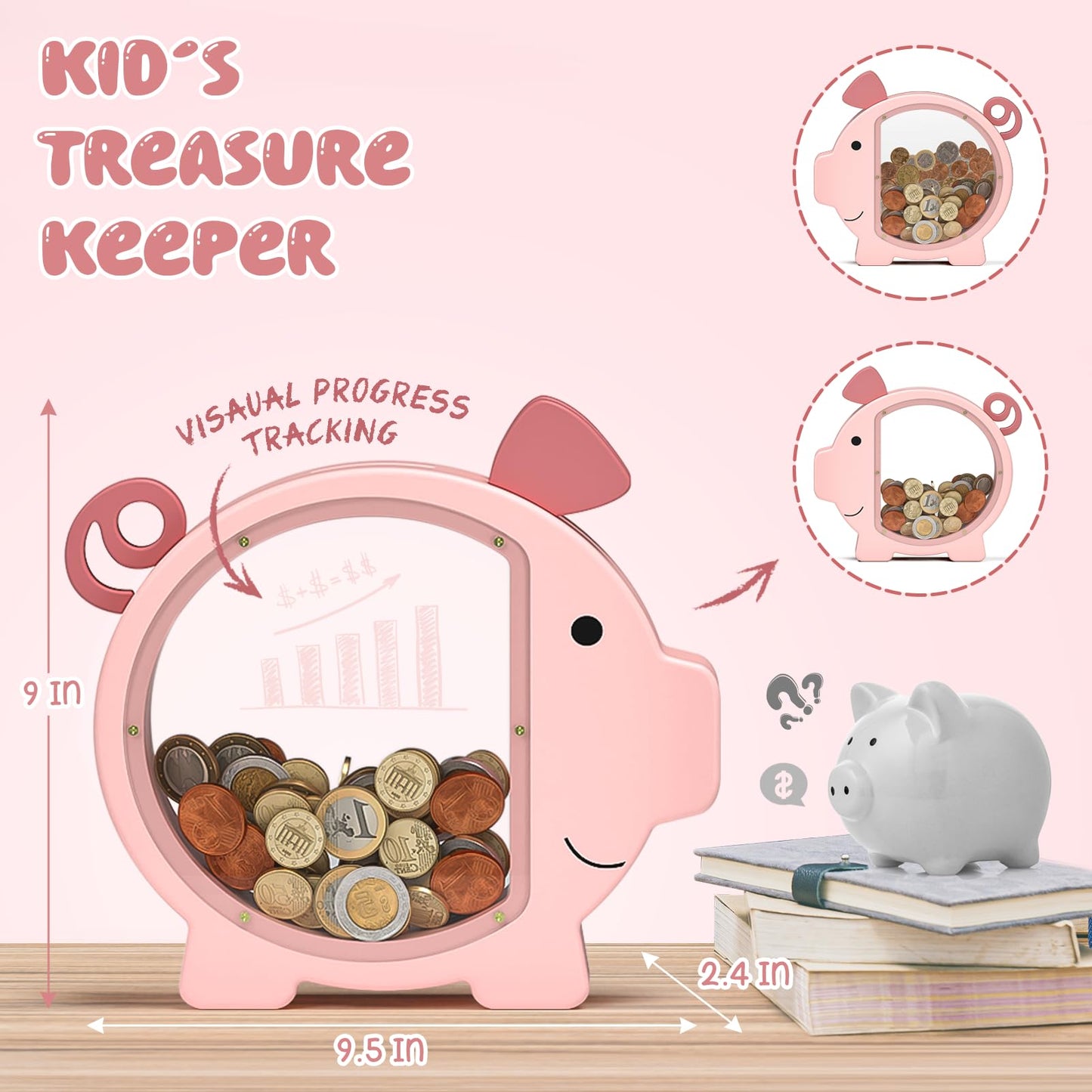 Summidate Pink Piggy Bank for Kids – Clear Wooden Money Box with DIY Stickers