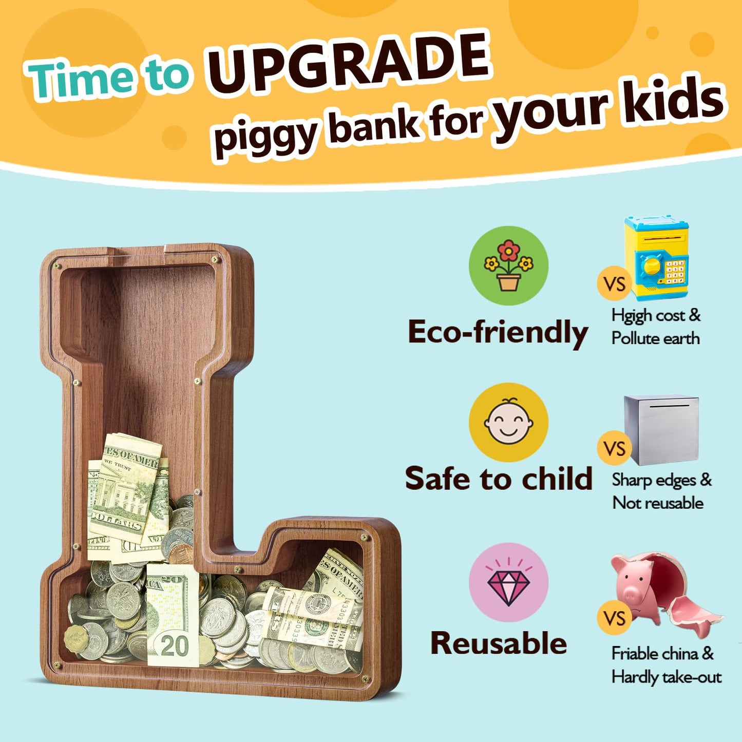 Summidate Large Wooden Alphabet Piggy Bank (A-Z) – Personalize with Laser Engraving