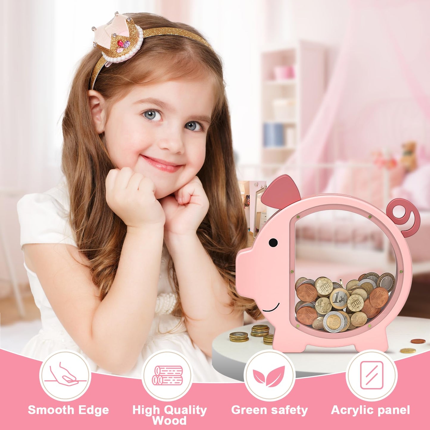 Summidate Pink Piggy Bank for Kids – Clear Wooden Money Box with DIY Stickers