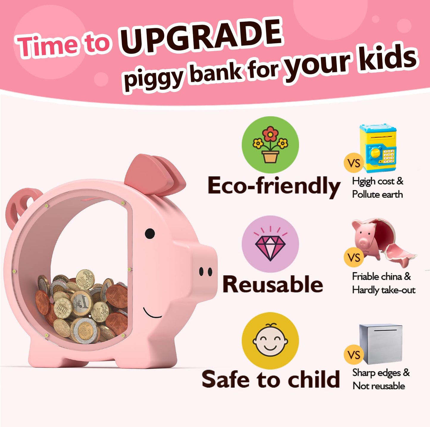 Summidate Pink Piggy Bank for Kids – Clear Wooden Money Box with DIY Stickers