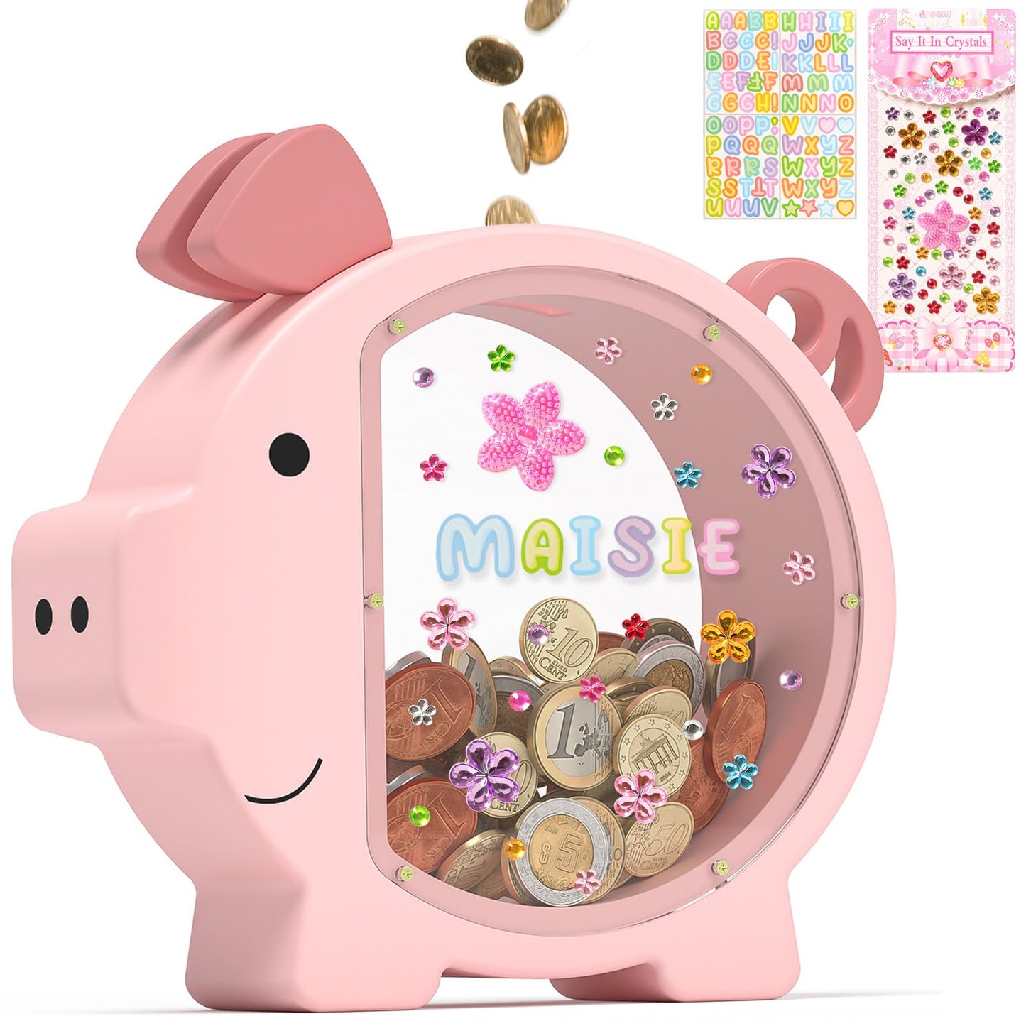 Summidate Pink Piggy Bank for Kids – Clear Wooden Money Box with DIY Stickers