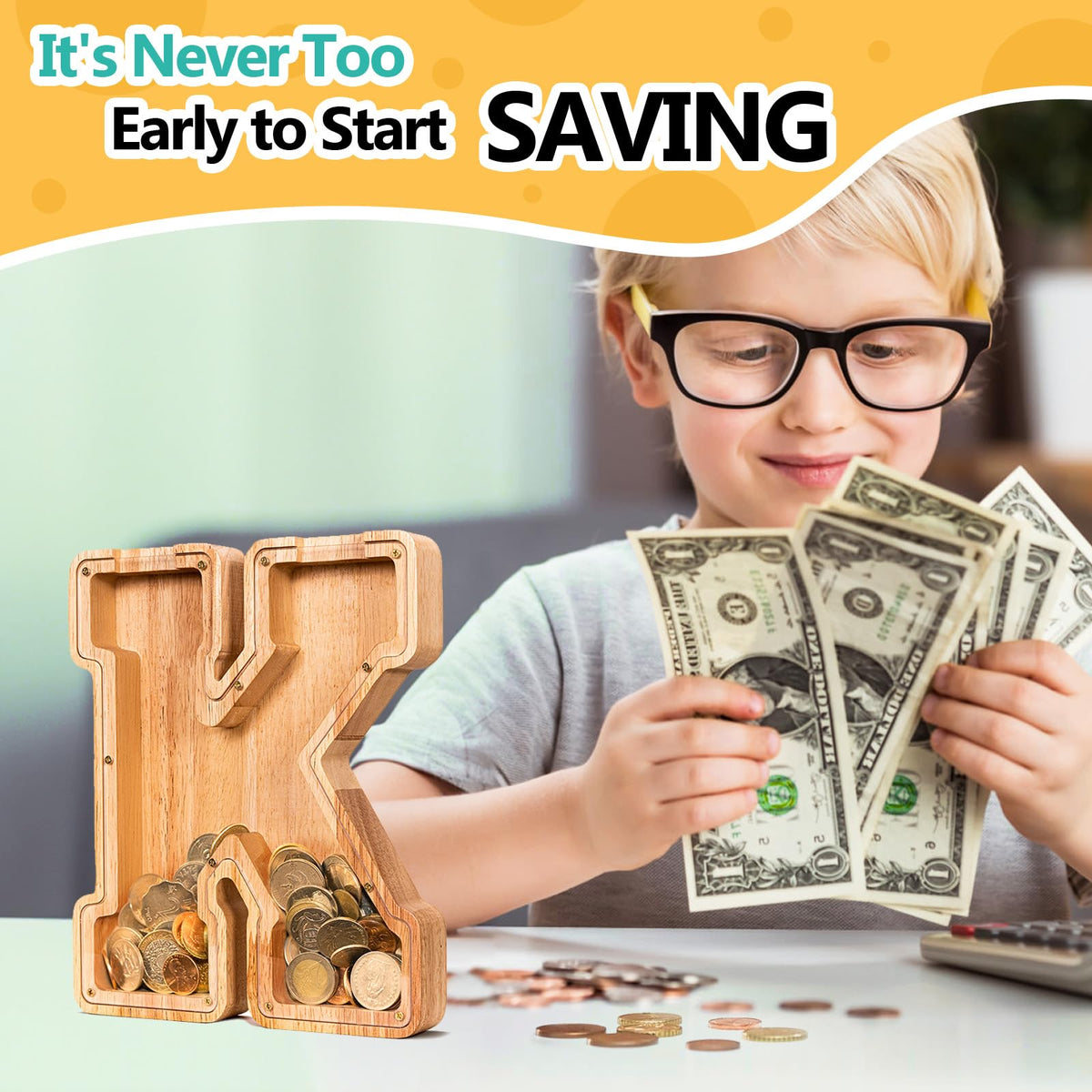 SummiDate Wooden Letter Piggy Bank for Kids – Personalized Alphabet Coin Bank (K)
