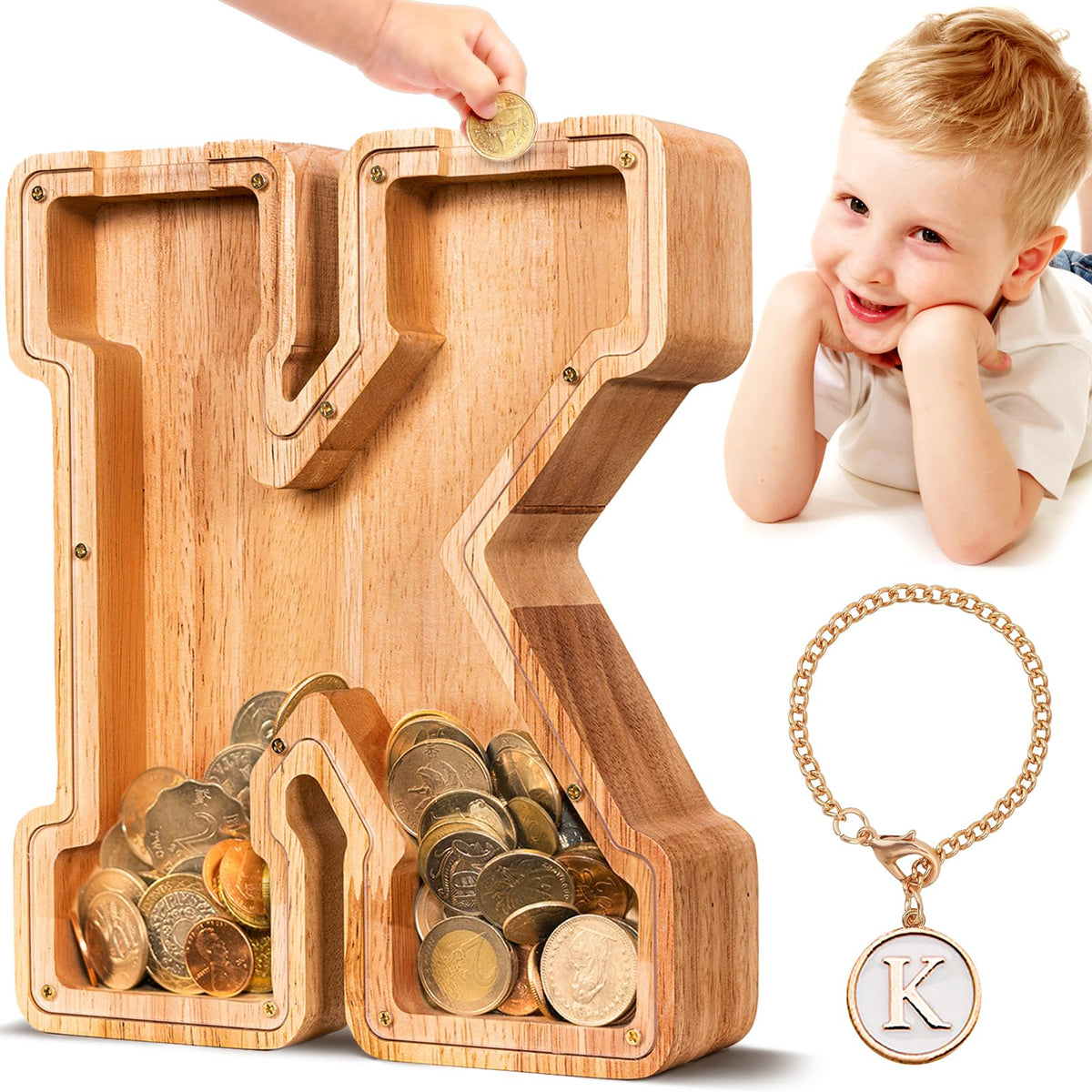 SummiDate Wooden Letter Piggy Bank for Kids – Personalized Alphabet Coin Bank (K)