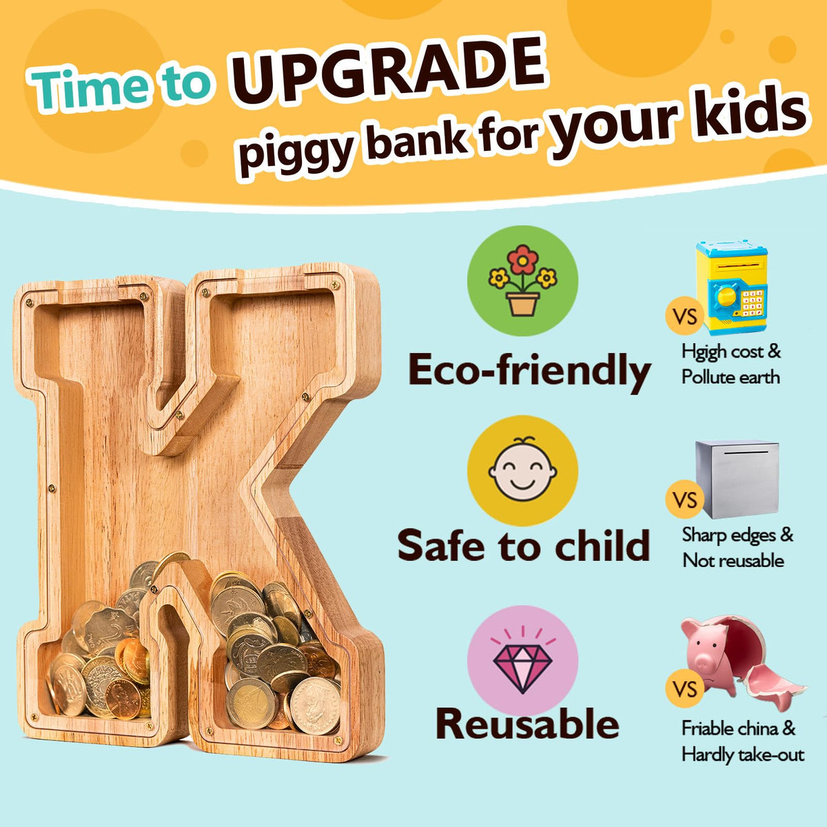 SummiDate Wooden Letter Piggy Bank for Kids – Personalized Alphabet Coin Bank (K)