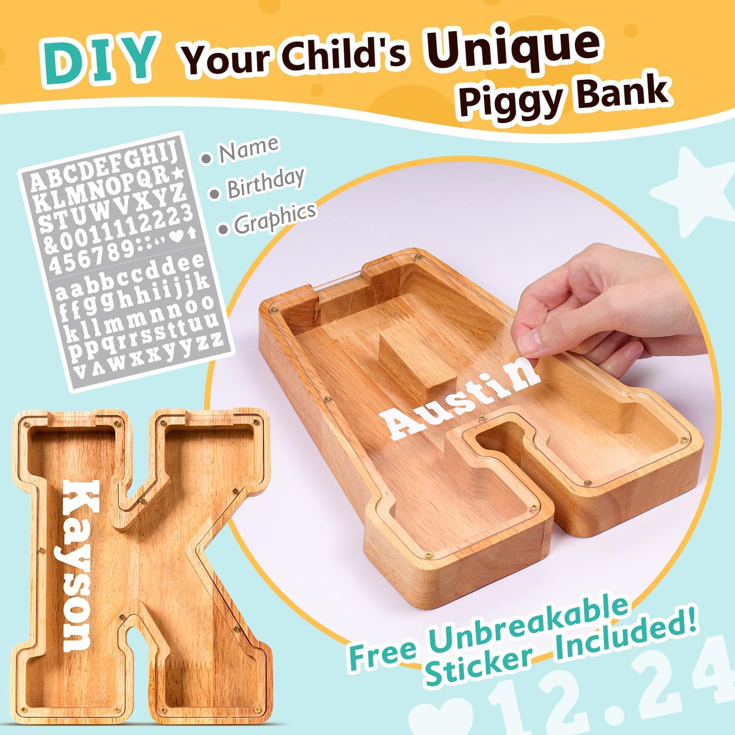 SummiDate Wooden Letter Piggy Bank for Kids – Personalized Alphabet Coin Bank (K)