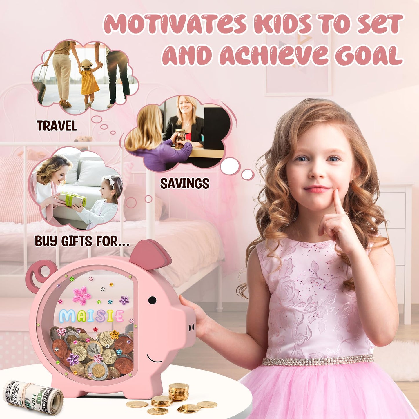 Summidate Pink Piggy Bank for Kids – Clear Wooden Money Box with DIY Stickers