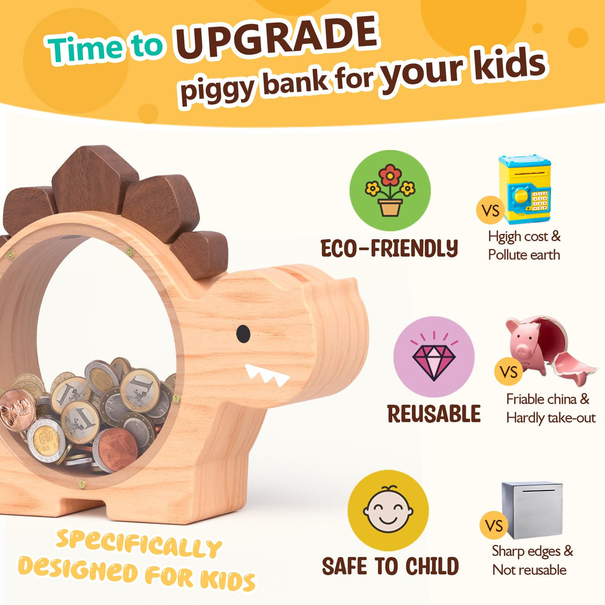 Summidate Wooden Dinosaur Piggy Bank – Personalized Dino Money Jar for Kids