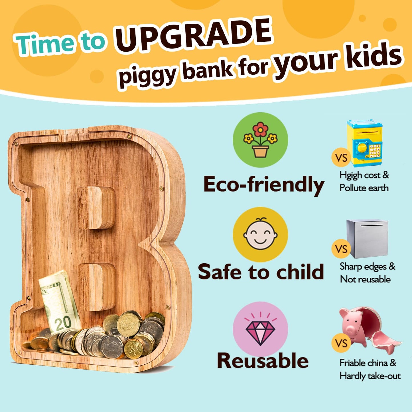 SummiDate Wooden Letter Piggy Bank for Kids – Personalized Initial Money Box