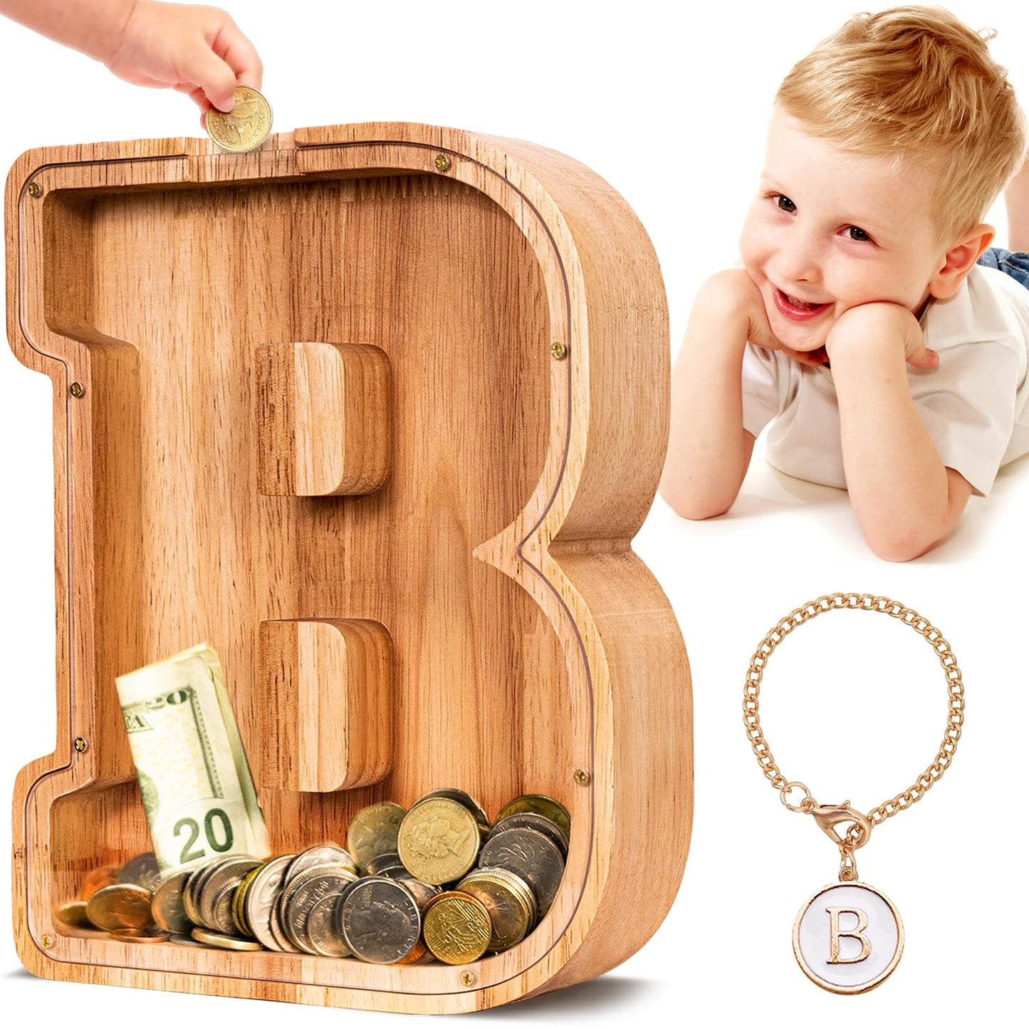 SummiDate Wooden Letter Piggy Bank for Kids – Personalized Initial Money Box