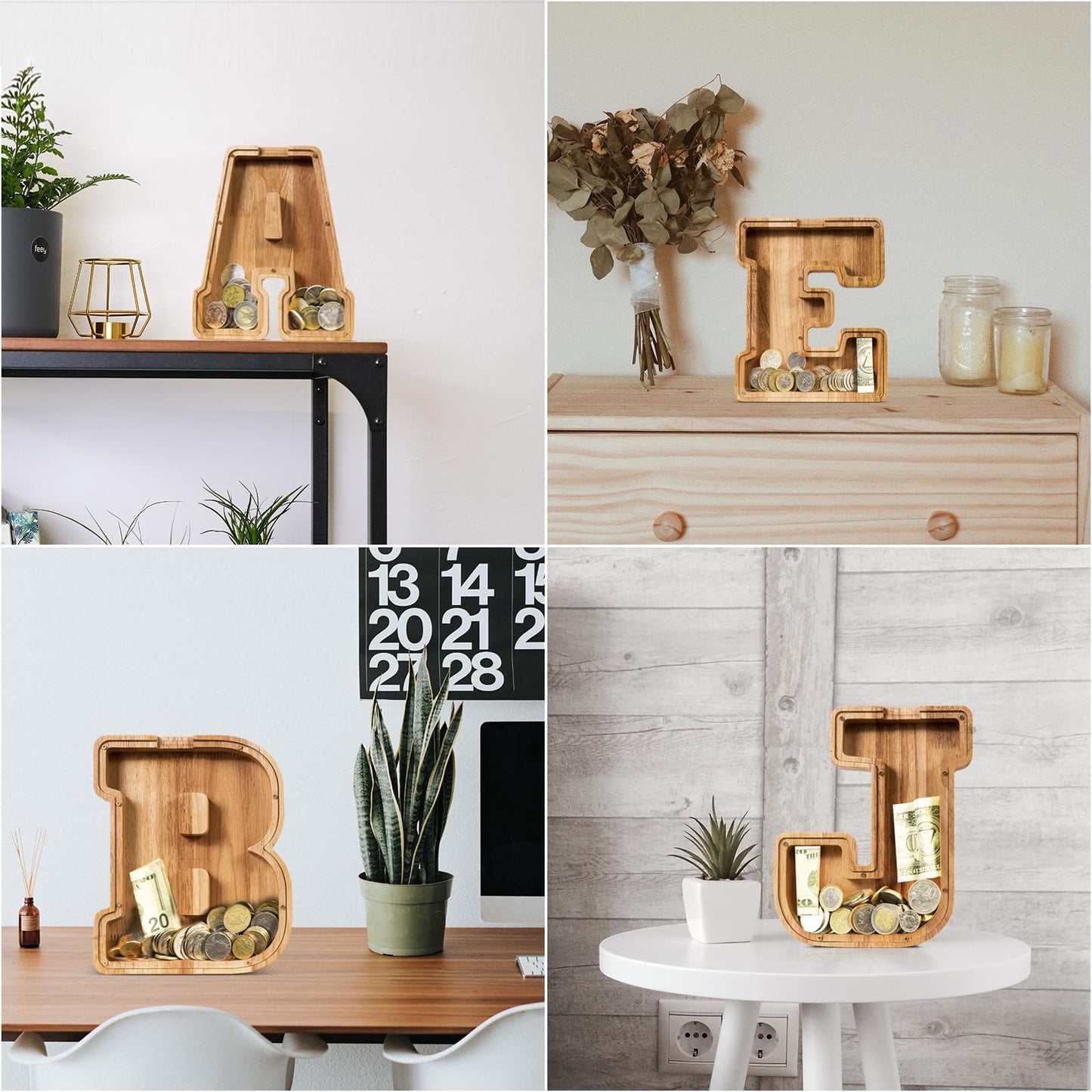 SummiDate Wooden Letter Piggy Bank for Kids – Personalized Initial Money Box