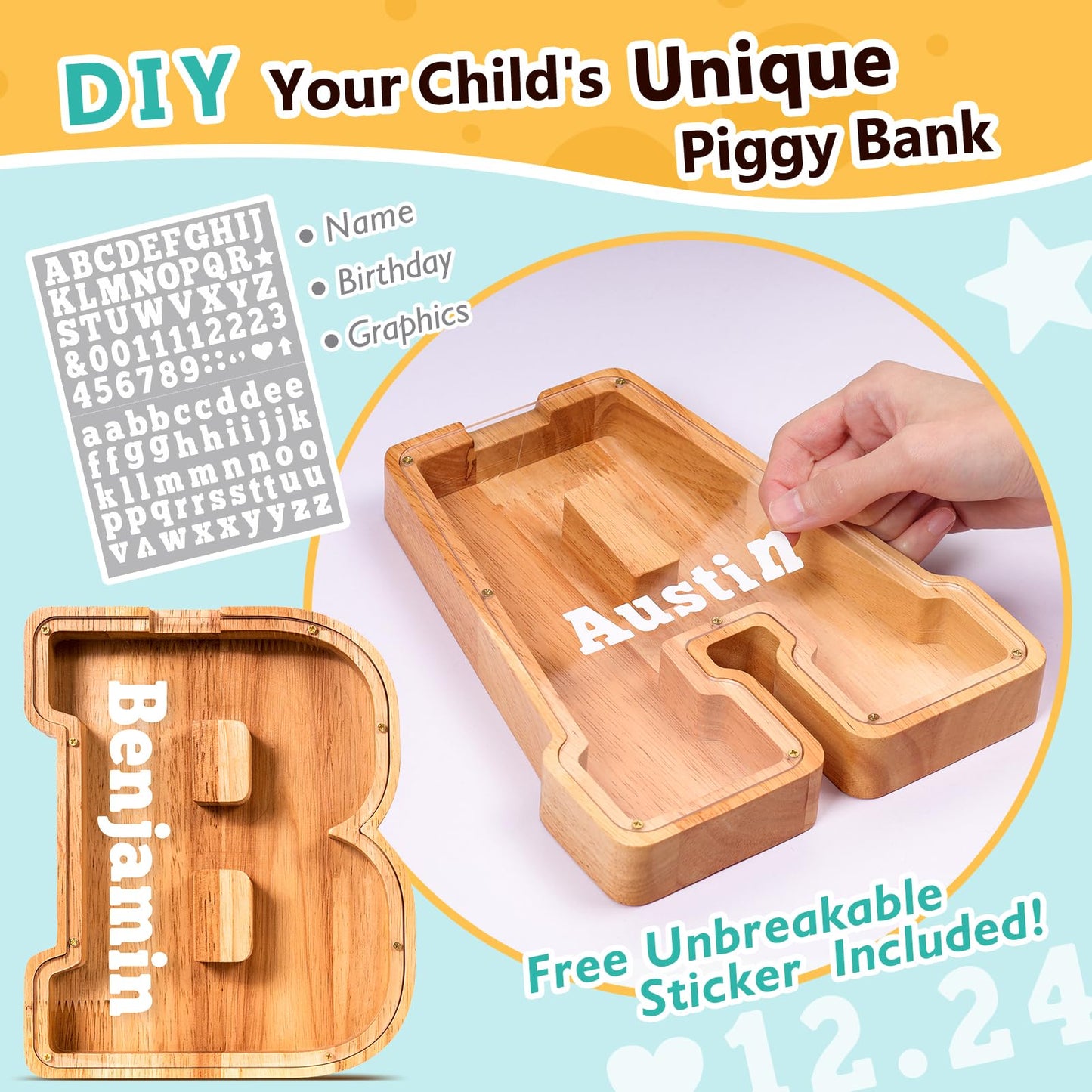 SummiDate Wooden Letter Piggy Bank for Kids – Personalized Initial Money Box