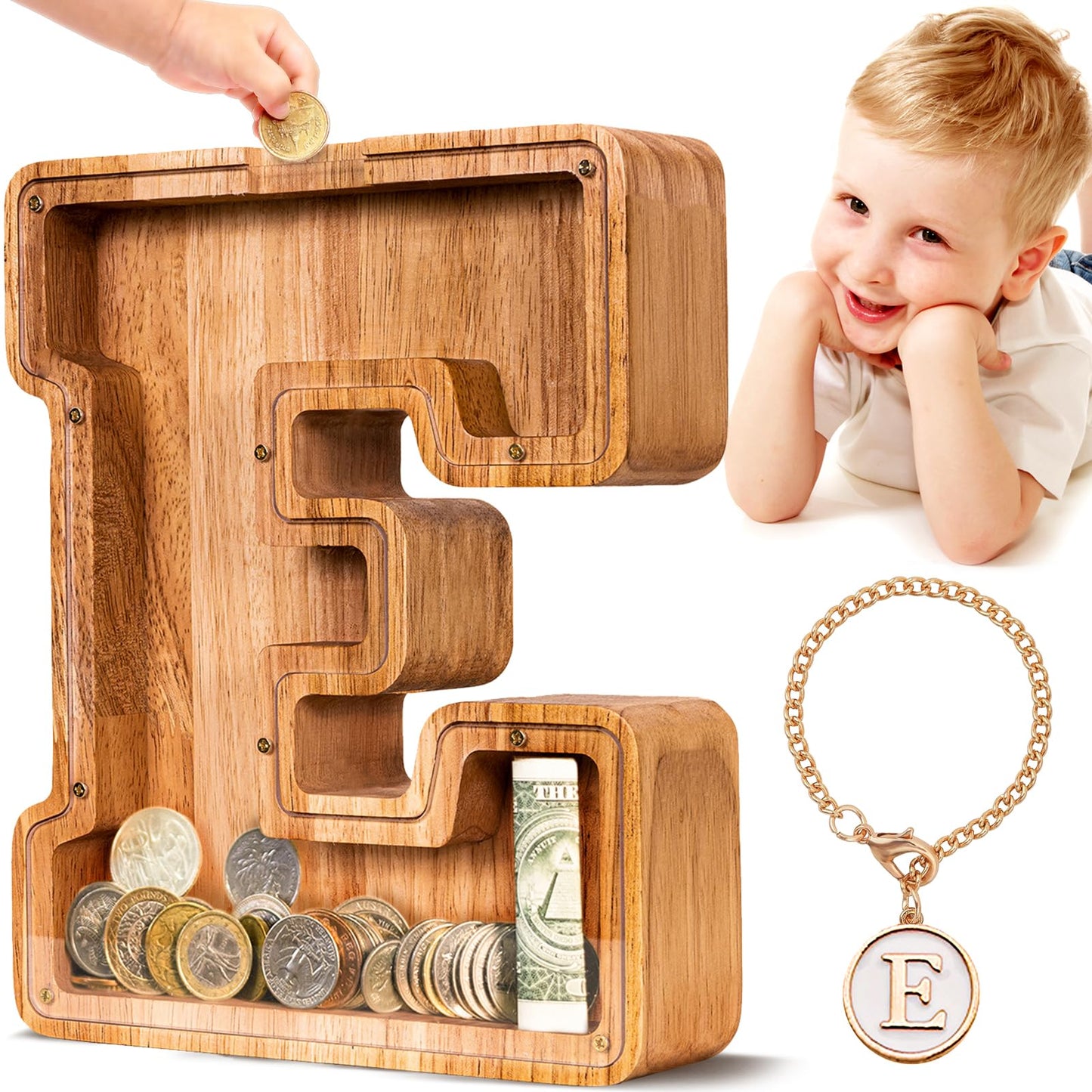 SummiDate Wooden Letter Piggy Bank for Kids – Personalized Alphabet Savings Box