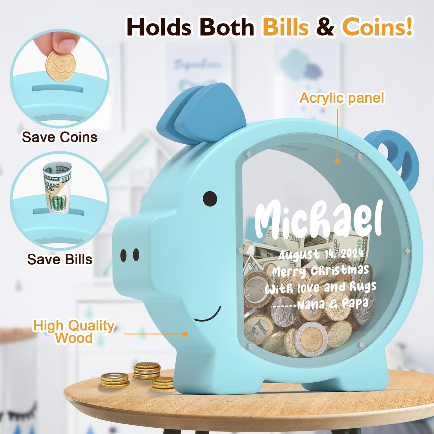 Summidate Wooden Piggy Bank – Classic Design with Transparent Progress