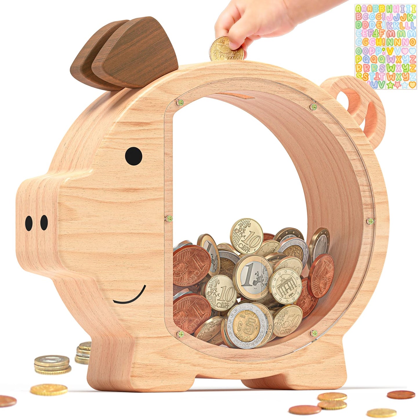 Summidate Wooden Piggy Bank for Kids – Large Durable Money Box