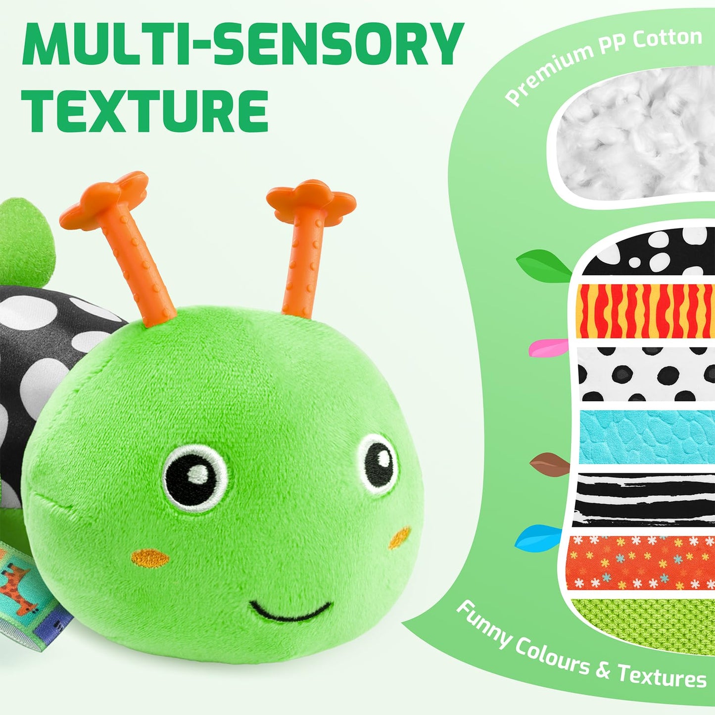 Sumobaby Baby Toys 0-6 & 6-12 Months – Music Caterpillar Plush with Mirror, Pull String & Crinkle Rattle (Green-Leaf)