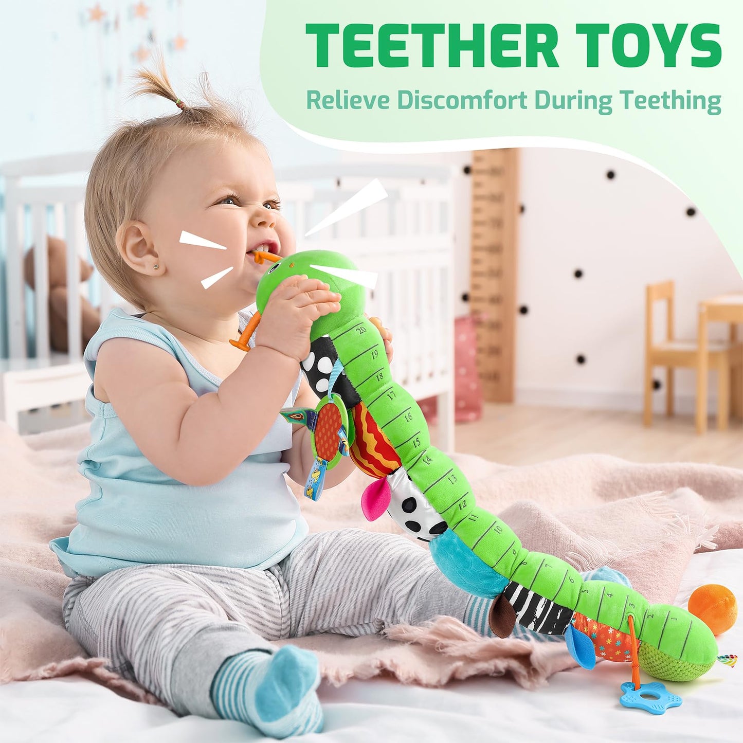 Sumobaby Baby Toys 0-6 & 6-12 Months – Music Caterpillar Plush with Mirror, Pull String & Crinkle Rattle (Green-Leaf)