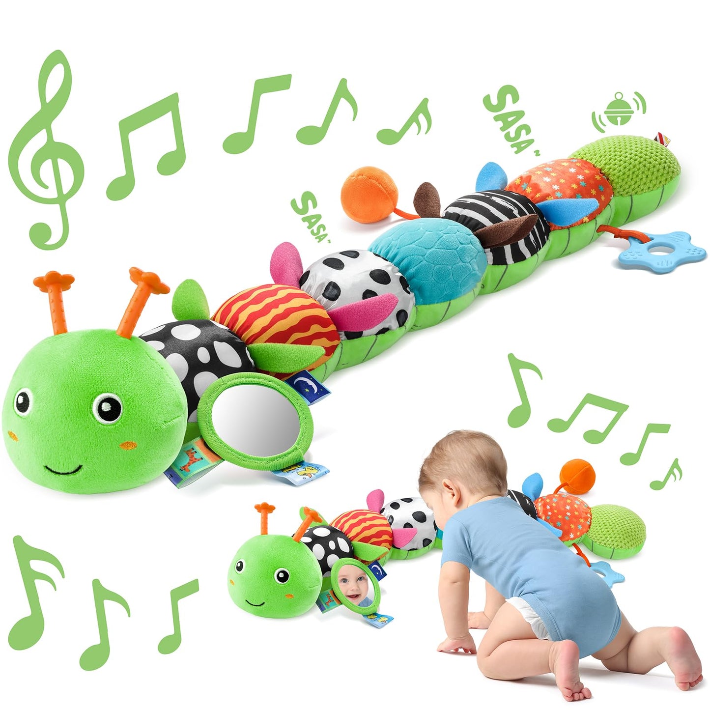 Sumobaby Baby Toys 0-6 & 6-12 Months – Music Caterpillar Plush with Mirror, Pull String & Crinkle Rattle (Green-Leaf)