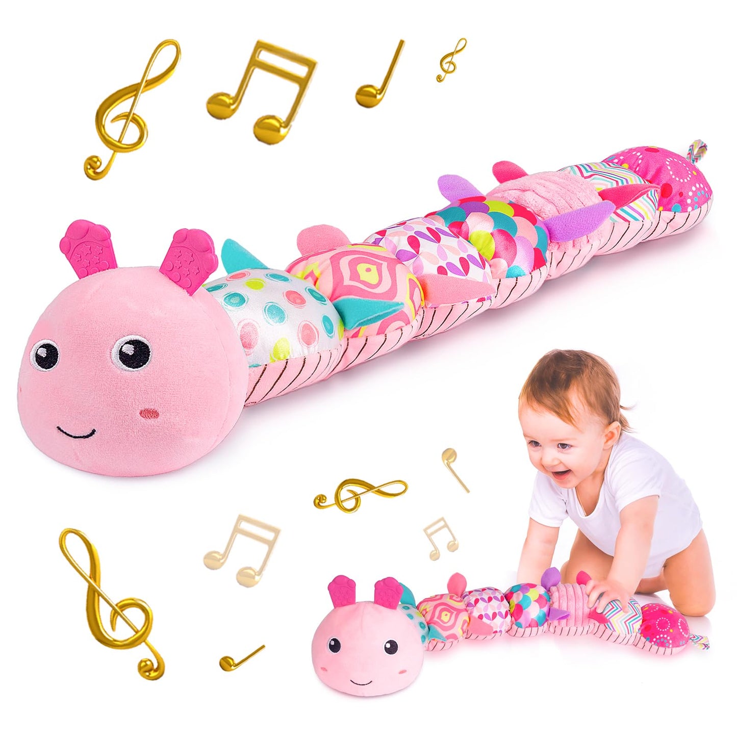 Sumobaby Caterpillar Musical Toy – 3-in-1 Soft Baby Activity Toy for Tummy Time (Pink)