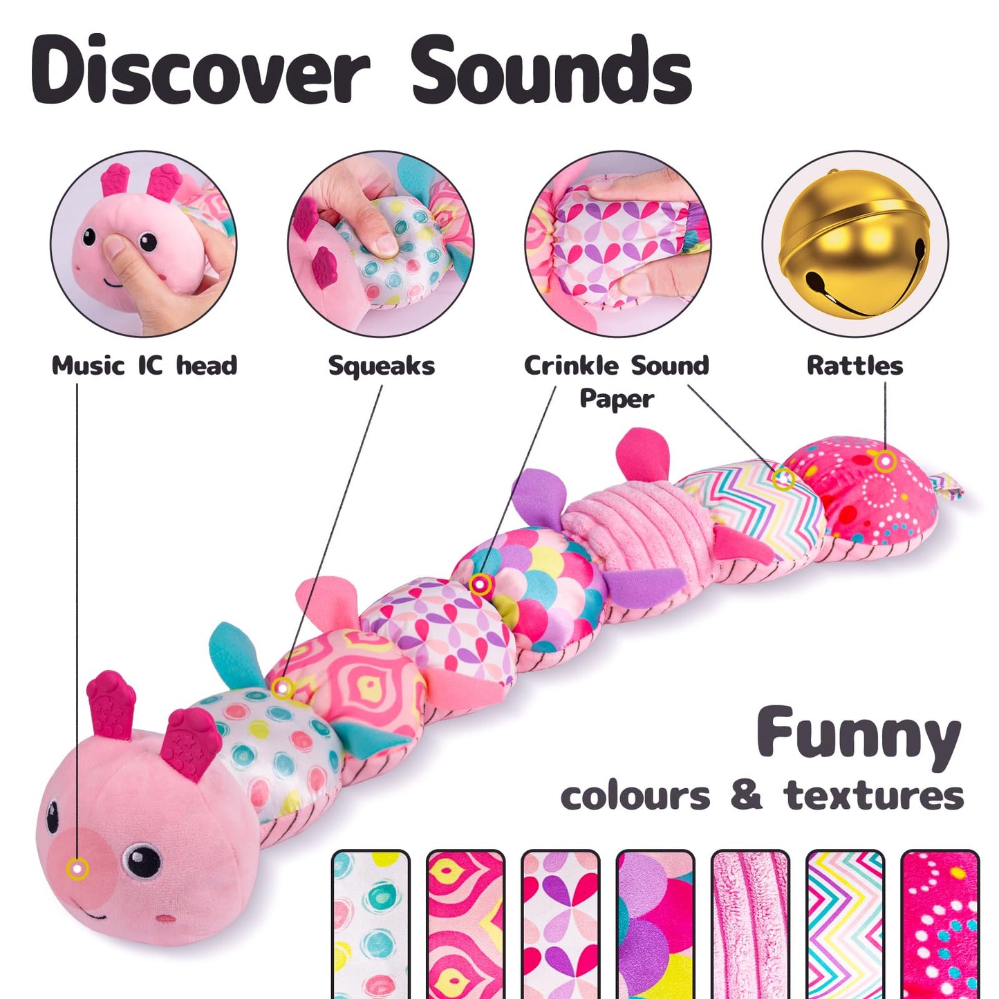 Sumobaby Caterpillar Musical Toy – 3-in-1 Soft Baby Activity Toy for Tummy Time (Pink)