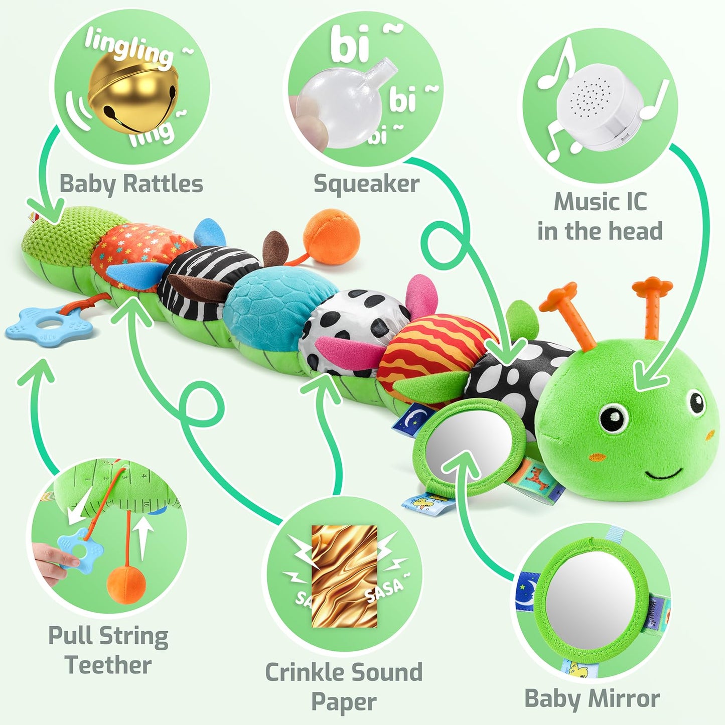 Sumobaby Baby Toys 0-6 & 6-12 Months – Music Caterpillar Plush with Mirror, Pull String & Crinkle Rattle (Green-Leaf)
