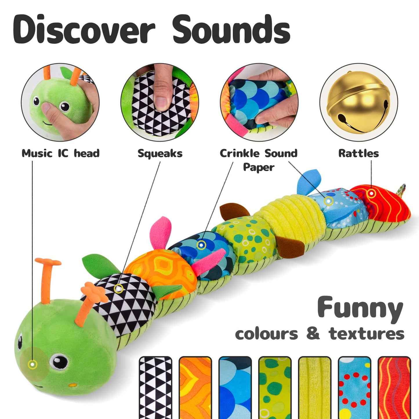 Sumobaby Infant Musical Caterpillar Toy – 3-in-1 Rattle, Crinkle & Textures (0-12 Months)