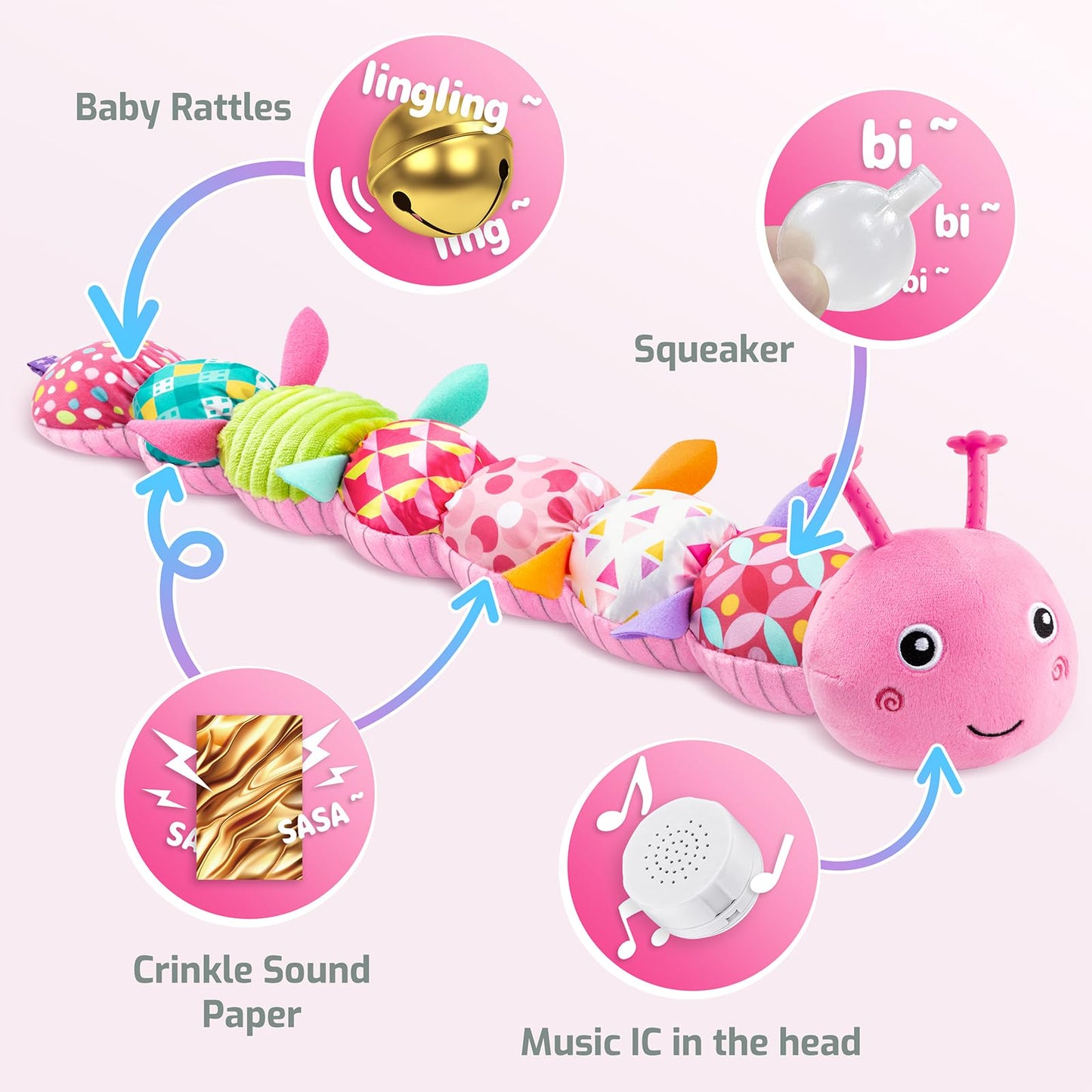 Sumobaby Infant Musical Caterpillar Toy (Pink) – 4-in-1 Sensory Plush for 0-12 Months