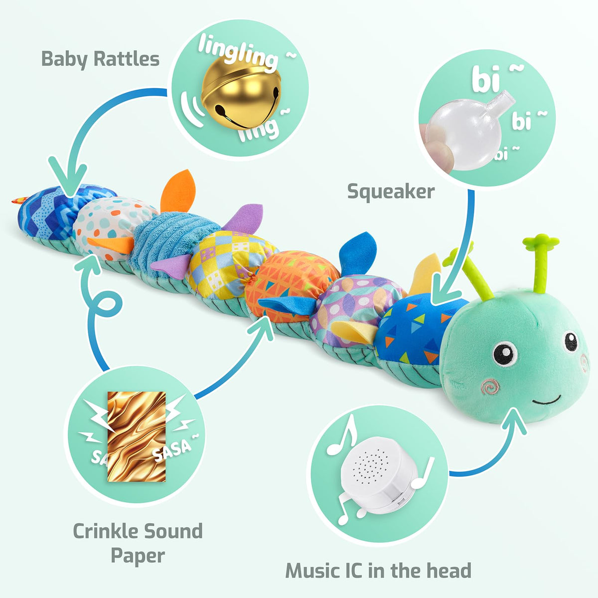 Sumobaby Musical Caterpillar Baby Toys - 3-in-1 Teether, Rattle & Crinkle | 0-12 Months