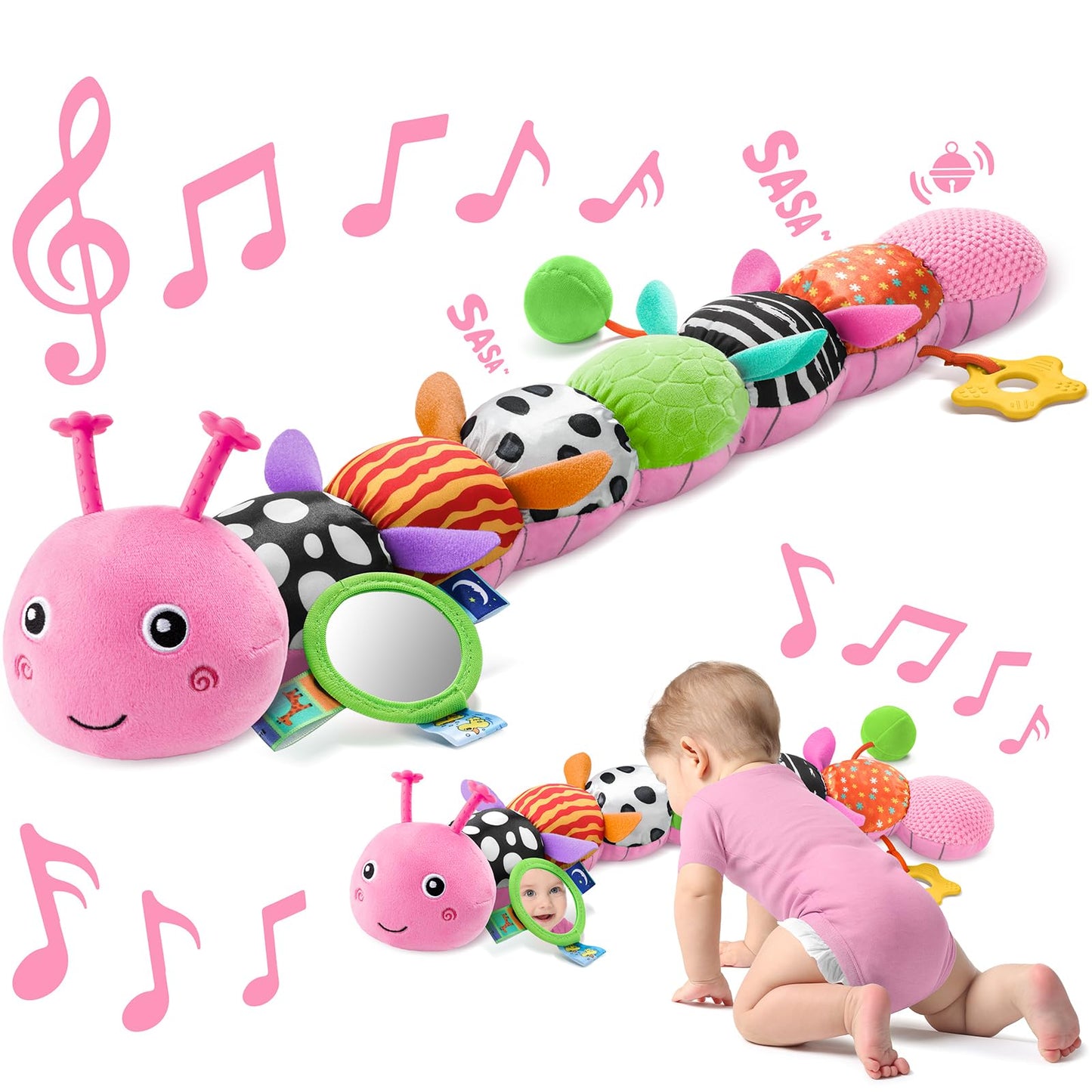 Sumobaby Music Caterpillar Plush Toy – 0-12 Months Sensory Rattle with Mirror