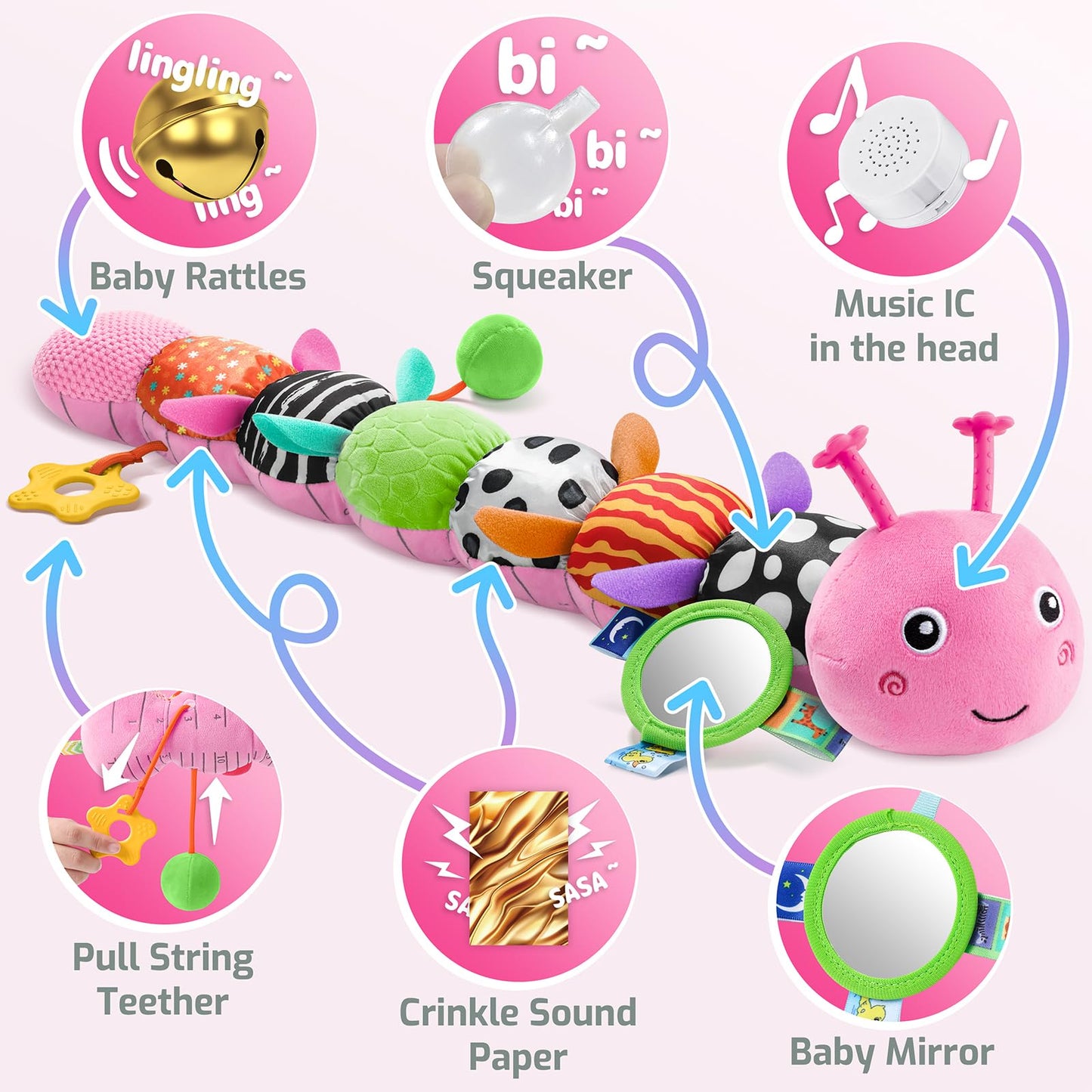 Sumobaby Music Caterpillar Plush Toy – 0-12 Months Sensory Rattle with Mirror