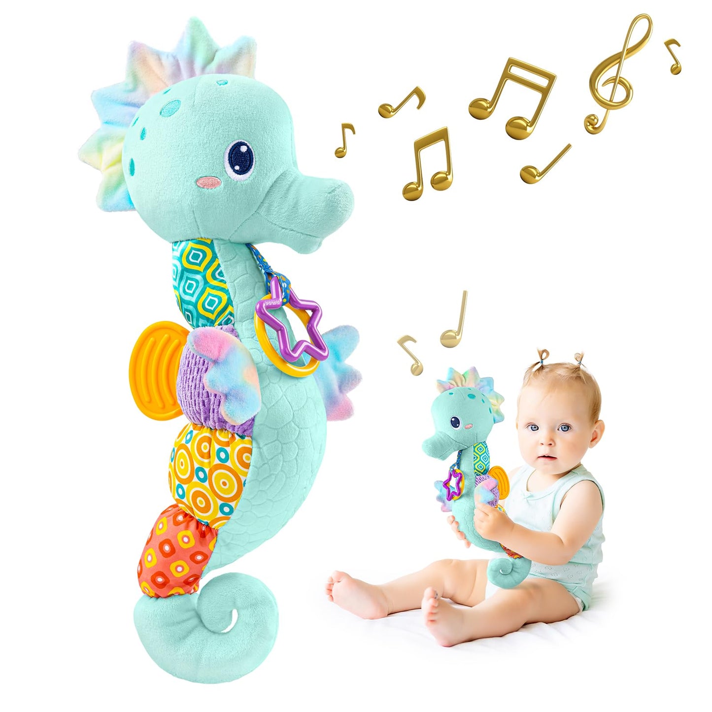 Sumobaby Infant Musical Seahorse Toy – 4-in-1 Tummy Time Activity with Textures, Crinkle, and Rattle