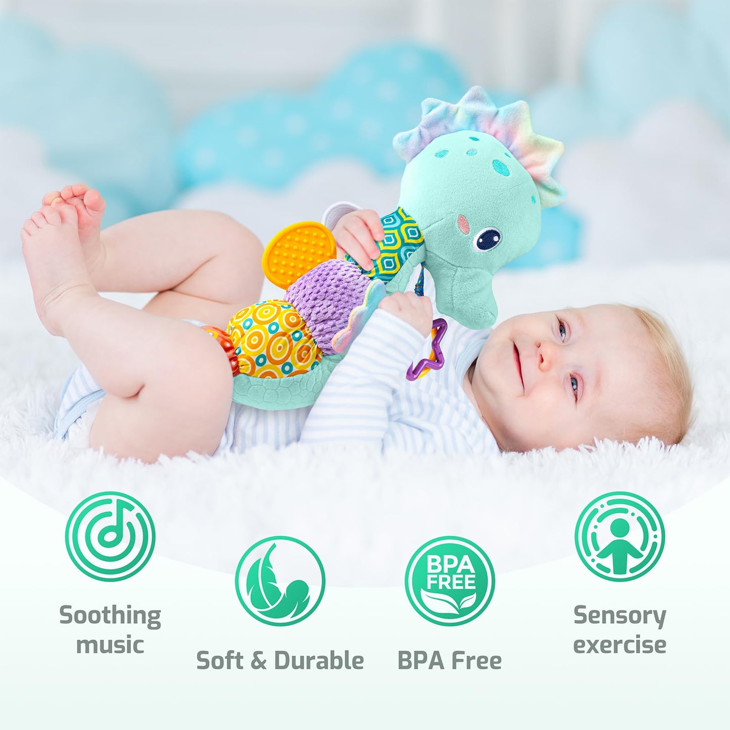 Sumobaby Infant Musical Seahorse Toy – 4-in-1 Tummy Time Activity with Textures, Crinkle, and Rattle