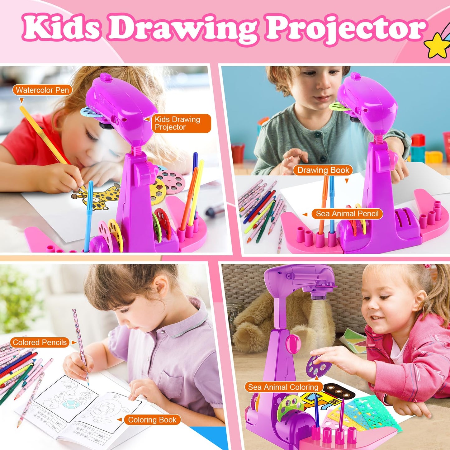 Sumsoltic Drawing Projector for Kids – 72 Patterns Art Kit with Pencils & Crayons (3+)