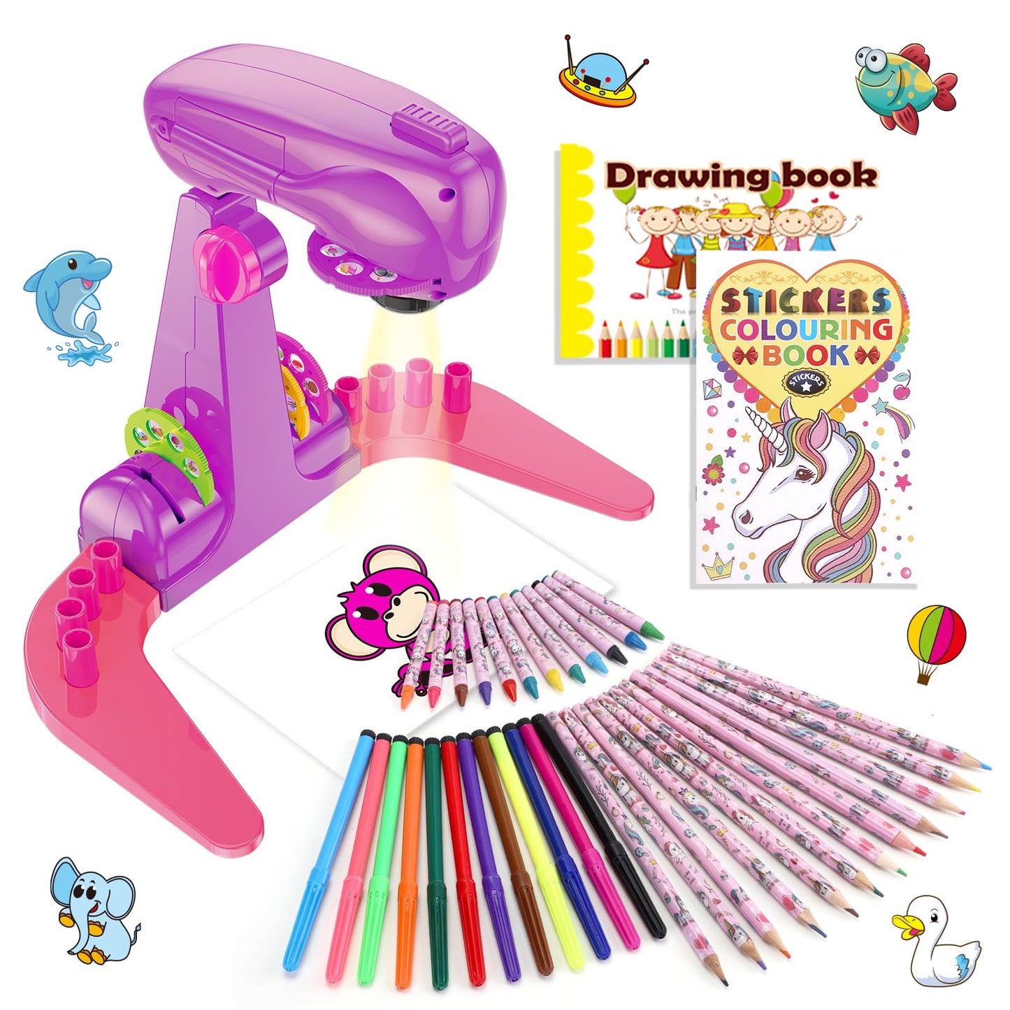 Sumsoltic Drawing Projector for Kids – 72 Patterns Art Kit with Pencils & Crayons (3+)