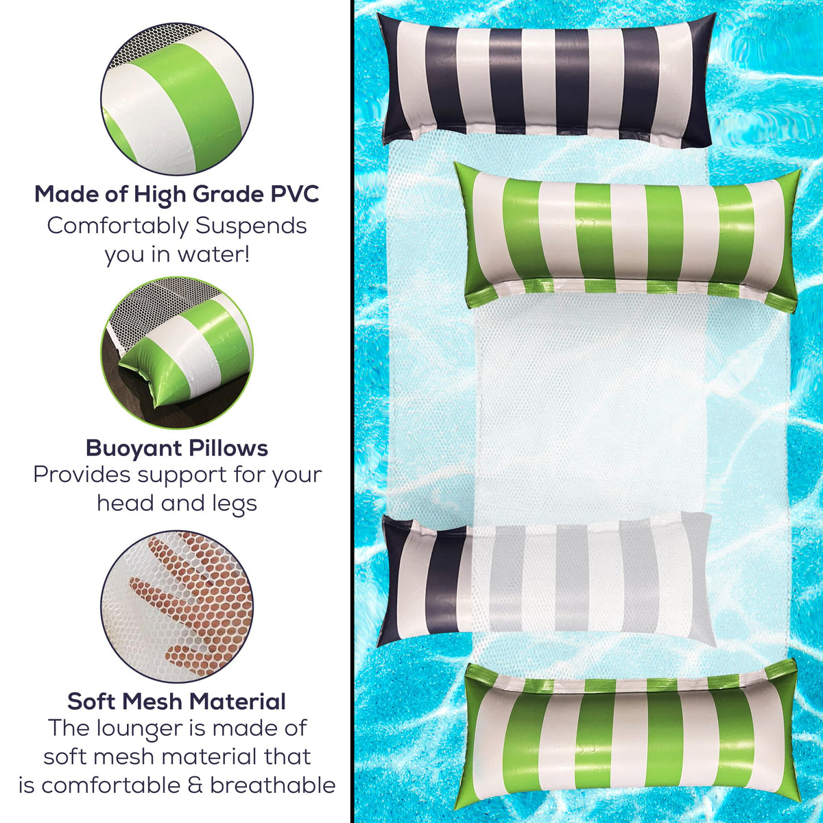 Sun Fun 5-in-1 Inflatable Hammock Pool Float – 2 Pack XL Lime Green & Navy Blue