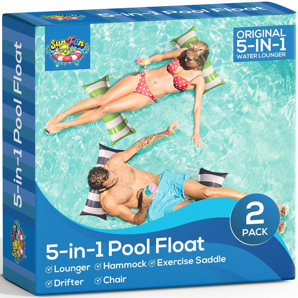 Sun Fun 5-in-1 Inflatable Hammock Pool Float – 2 Pack XL Lime Green & Navy Blue